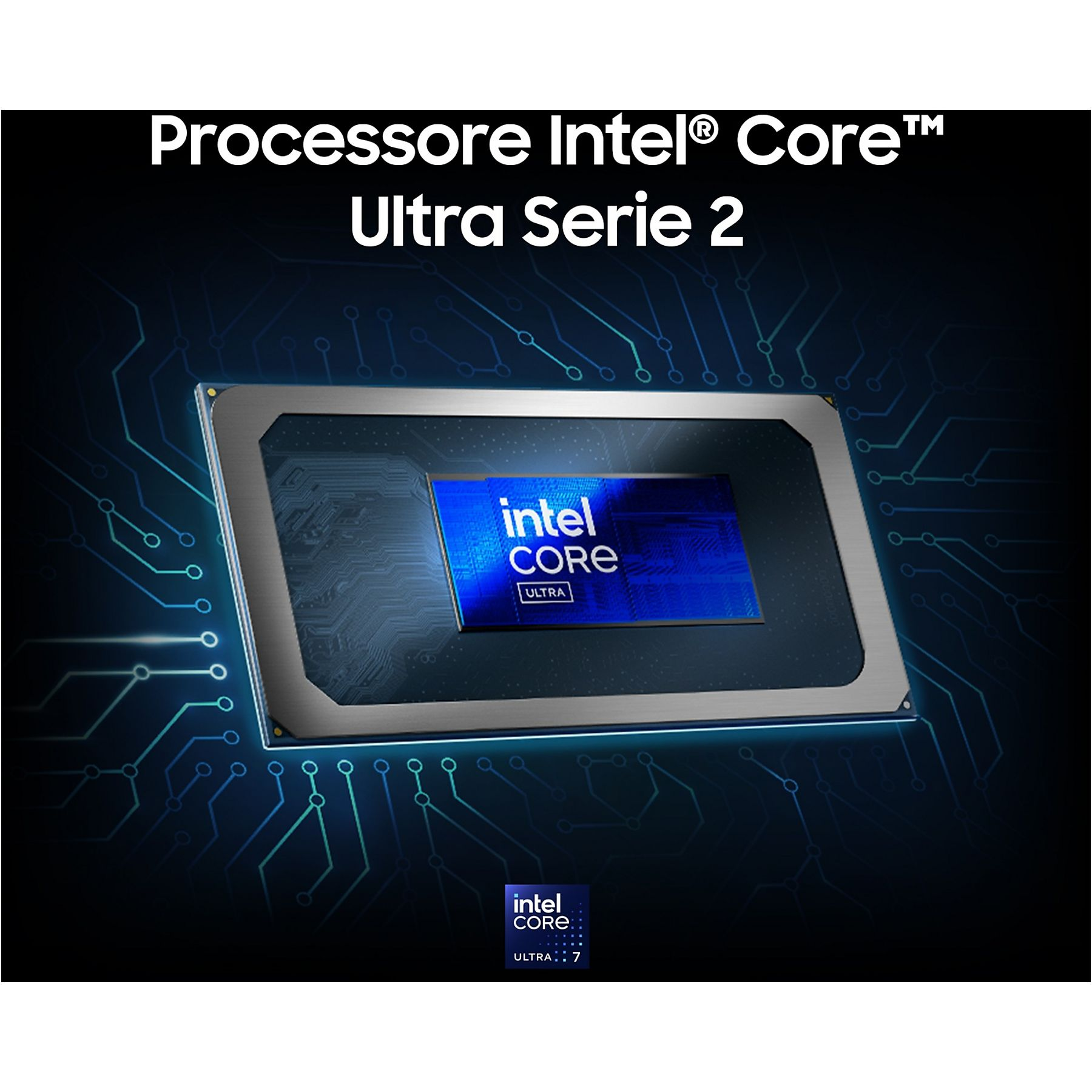 Ein Intel Core Ultra 7 Prozessor auf einer Platine. Das Intel-Logo ist auf dem Prozessor prominent.