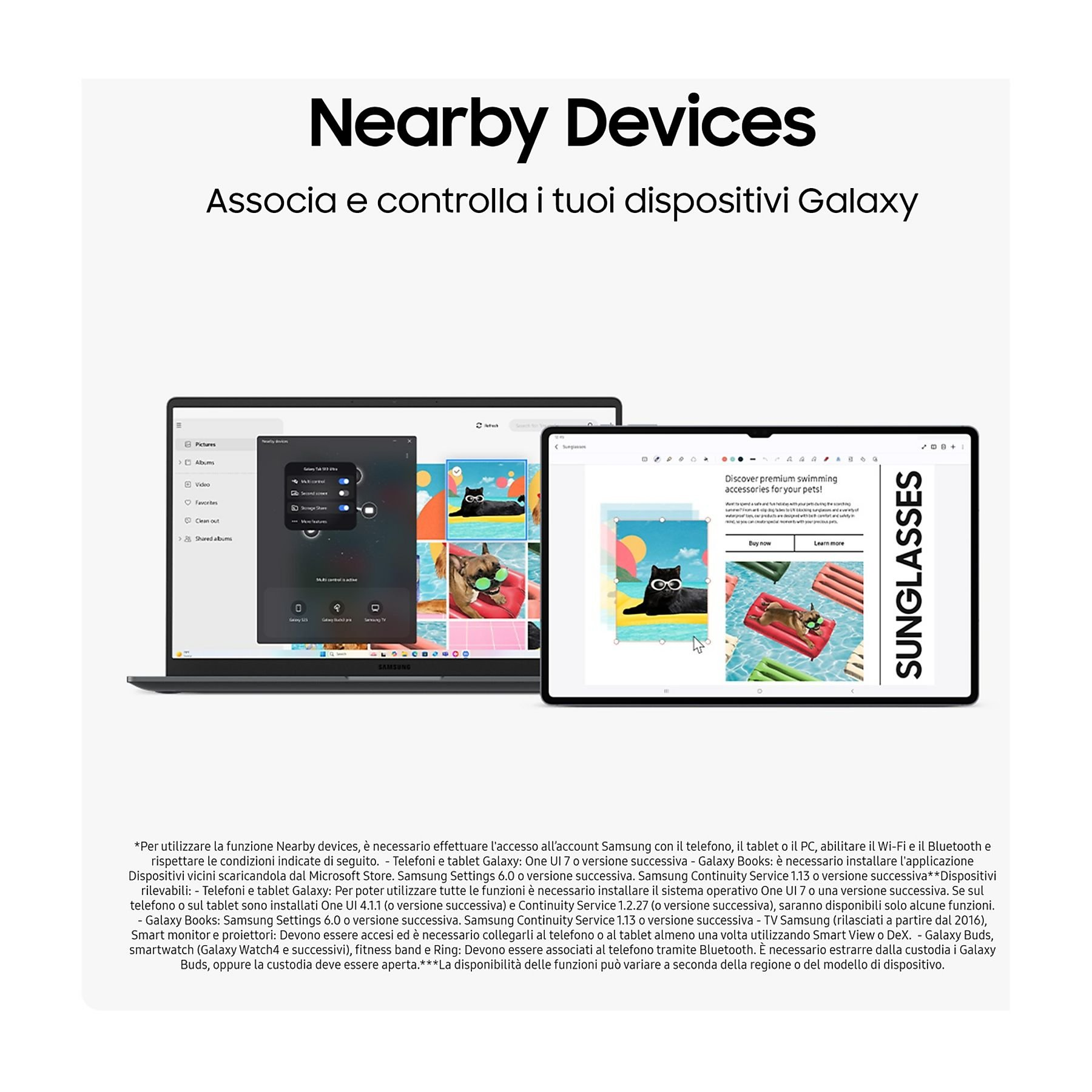 Ein Laptop und ein Tablet zeigen die Nearby Devices-Funktion. Der Laptop zeigt Dateien, das Tablet Sonnenbrillen.