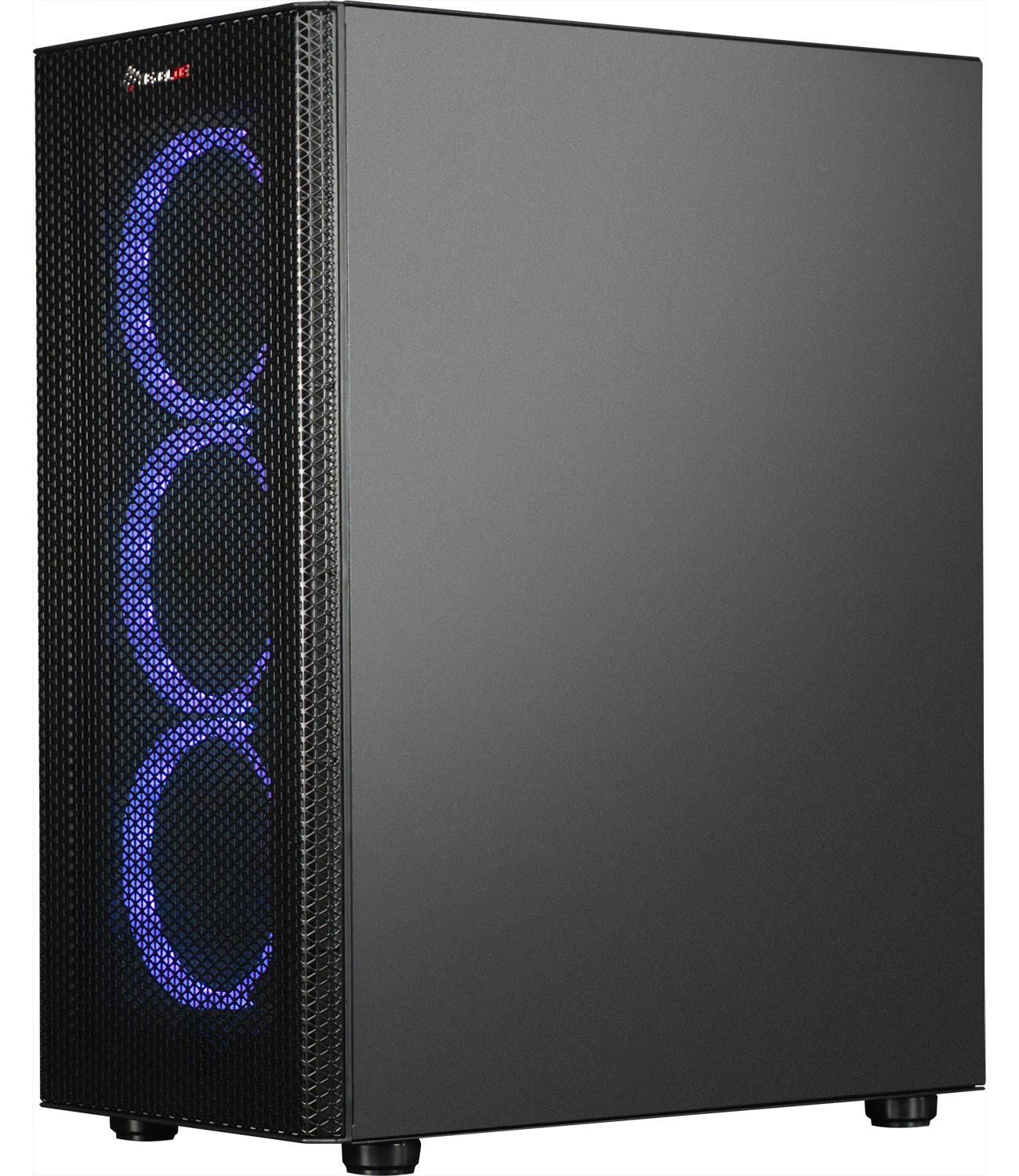 Een zwarte computerkast met een mesh voorpaneel, met RGB-verlichting. De kast staat op een witte achtergrond.