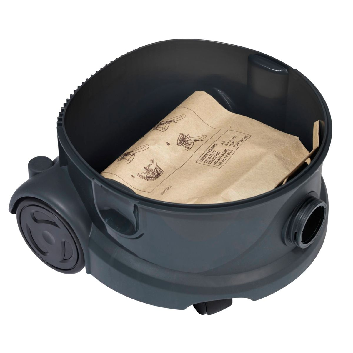 Ciemnoszary pojemnik odkurzacza z papierową torebką w środku. Torebka ma wydrukowane instrukcje.