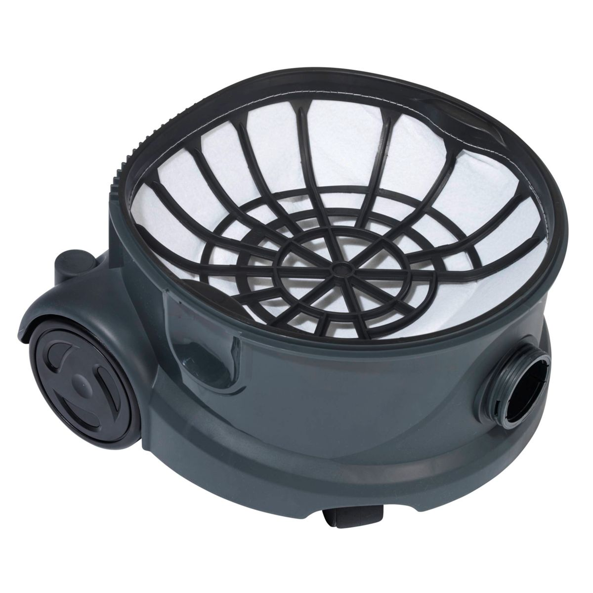 Zbliżenie szarego i czarnego zespołu filtra odkurzacza. Pokazuje filtr i otaczające go elementy.