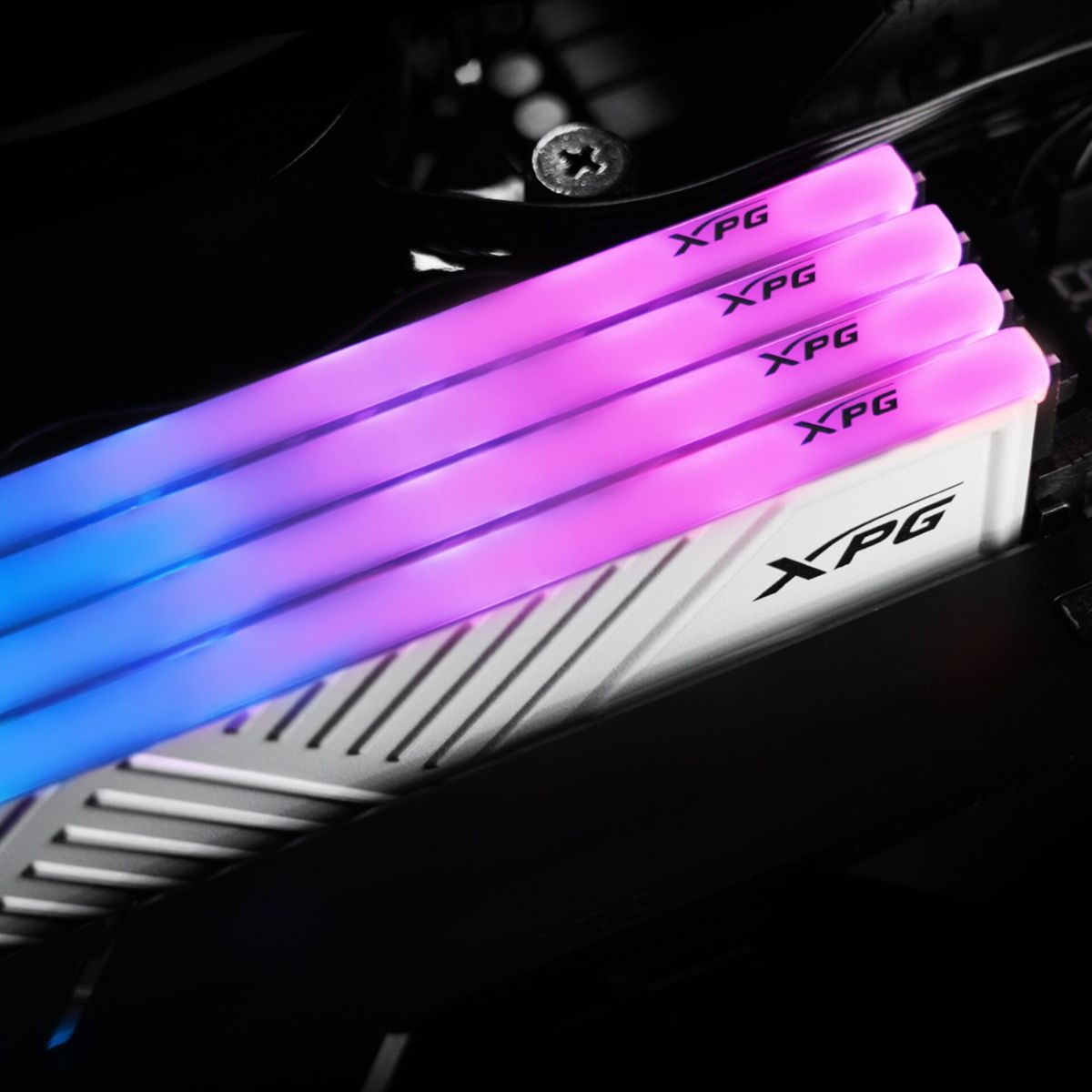 Primo piano di moduli RAM con luci RGB colorate installati su una scheda madre.