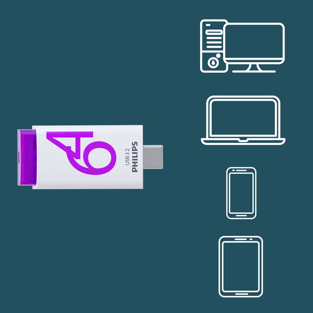 Fioletowy pendrive z logo Philips. Widoczne ikony komputera, laptopa, telefonu i tabletu.
