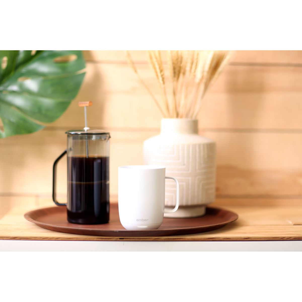 Una tazza bianca, una caffettiera a pistoni con caffè e un vaso con grano su un vassoio di legno. Lo sfondo è un muro.