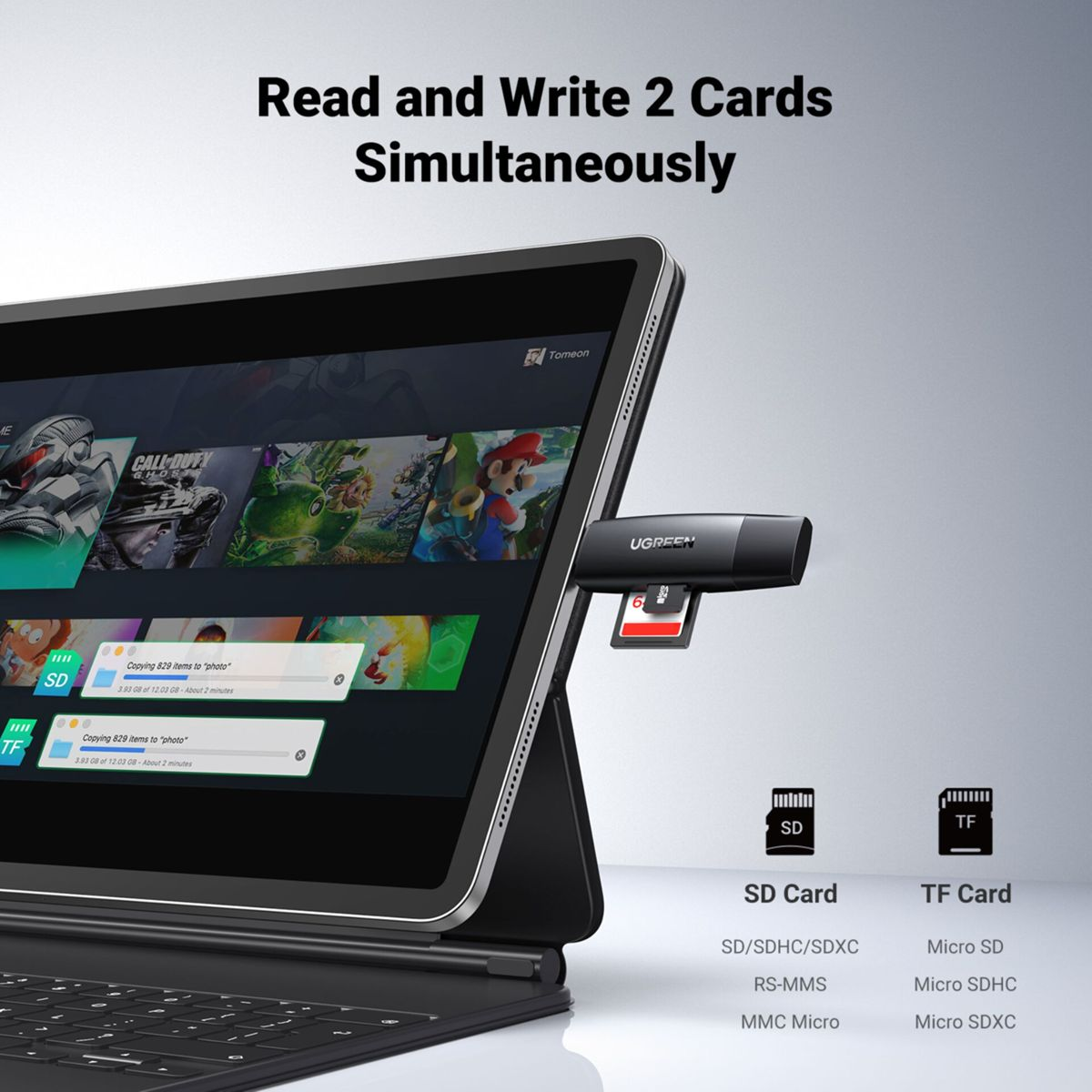 Tablet wyświetlający interfejs gry, czytnik kart z włożoną kartą SD. Tekst brzmi "Czytaj i pisz jednocześnie".