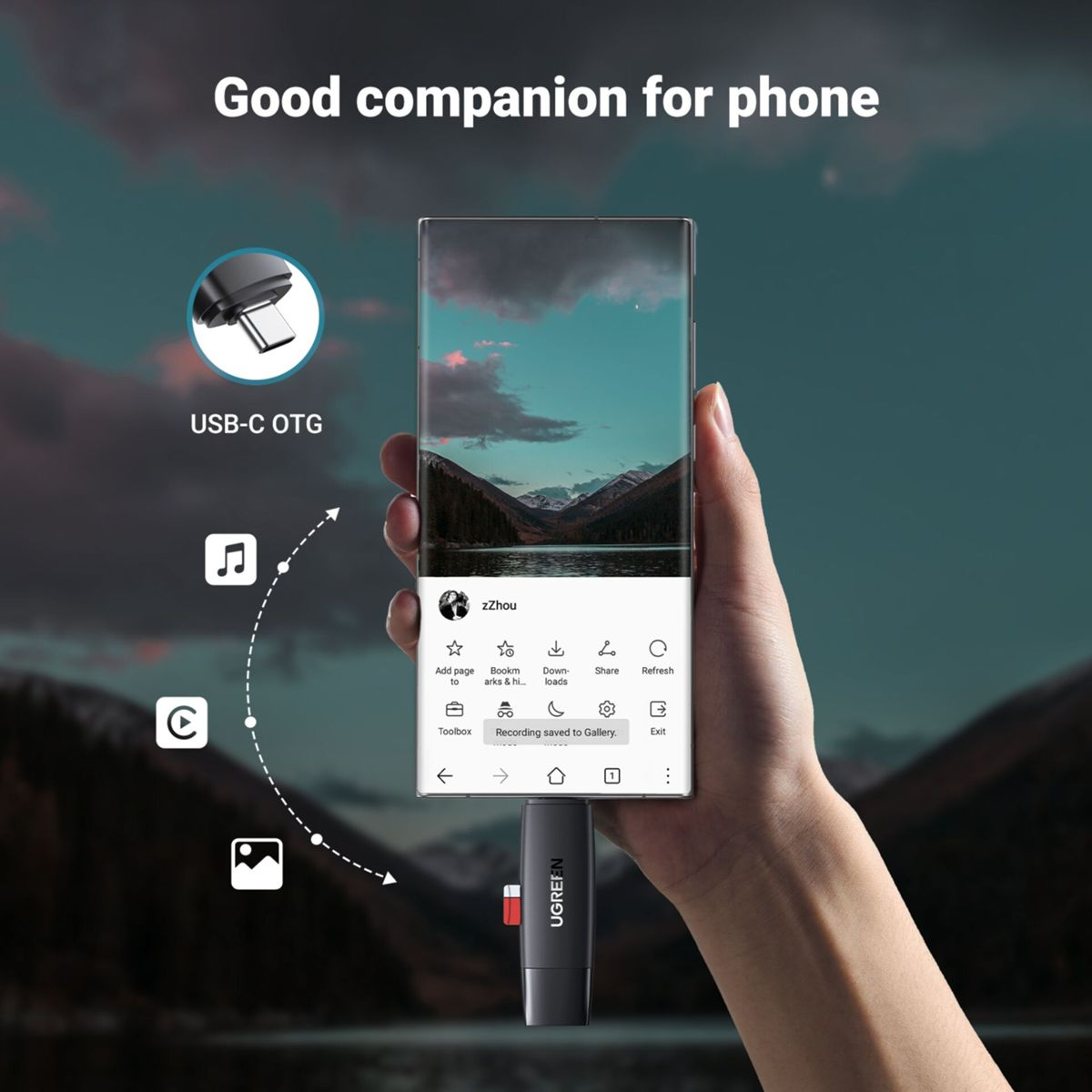 Smartfon wyświetla obraz krajobrazu. Adapter USB-C OTG jest podłączony do telefonu. Obecne są ikony i tekst.