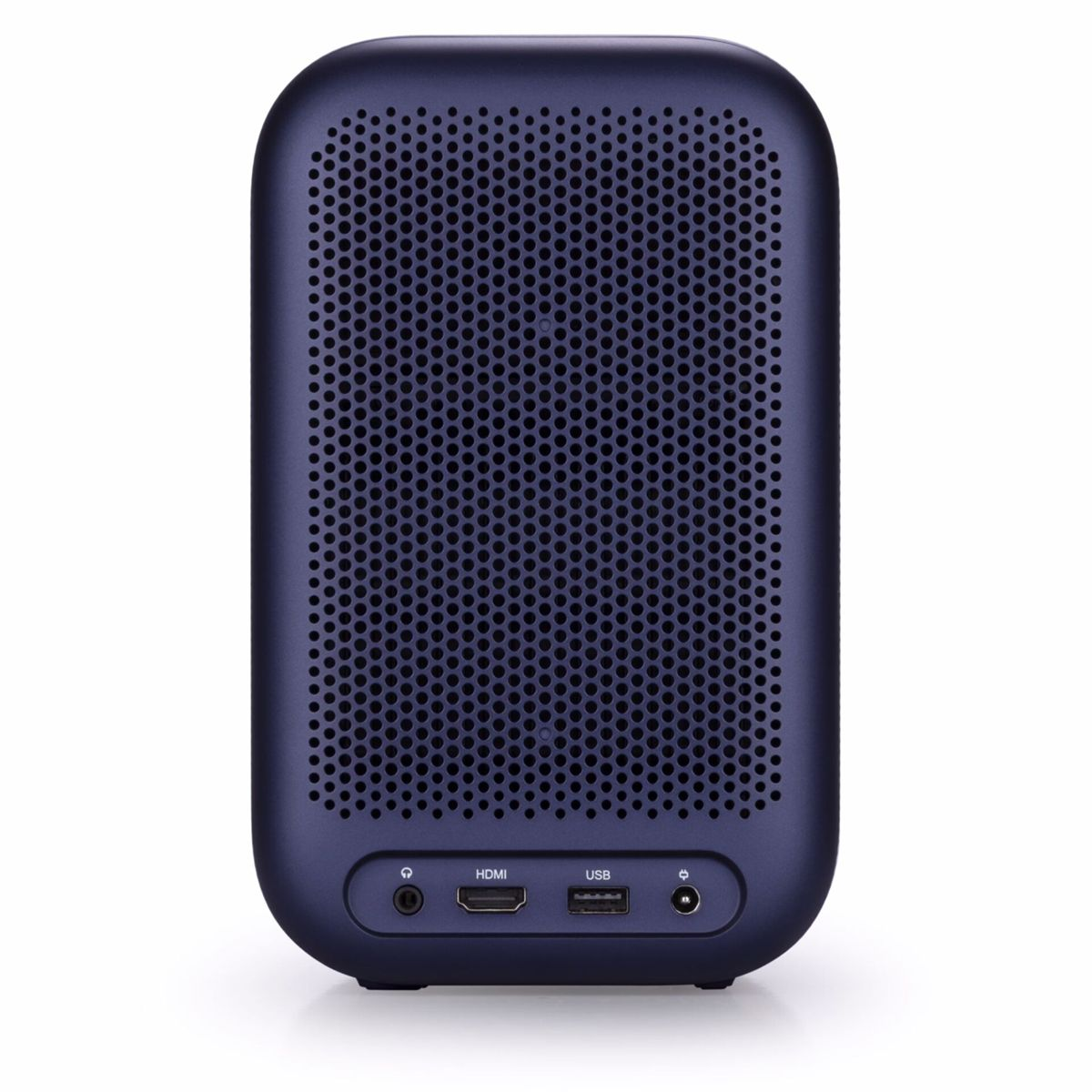 Niebieski głośnik z perforacjami i portami na białym tle.