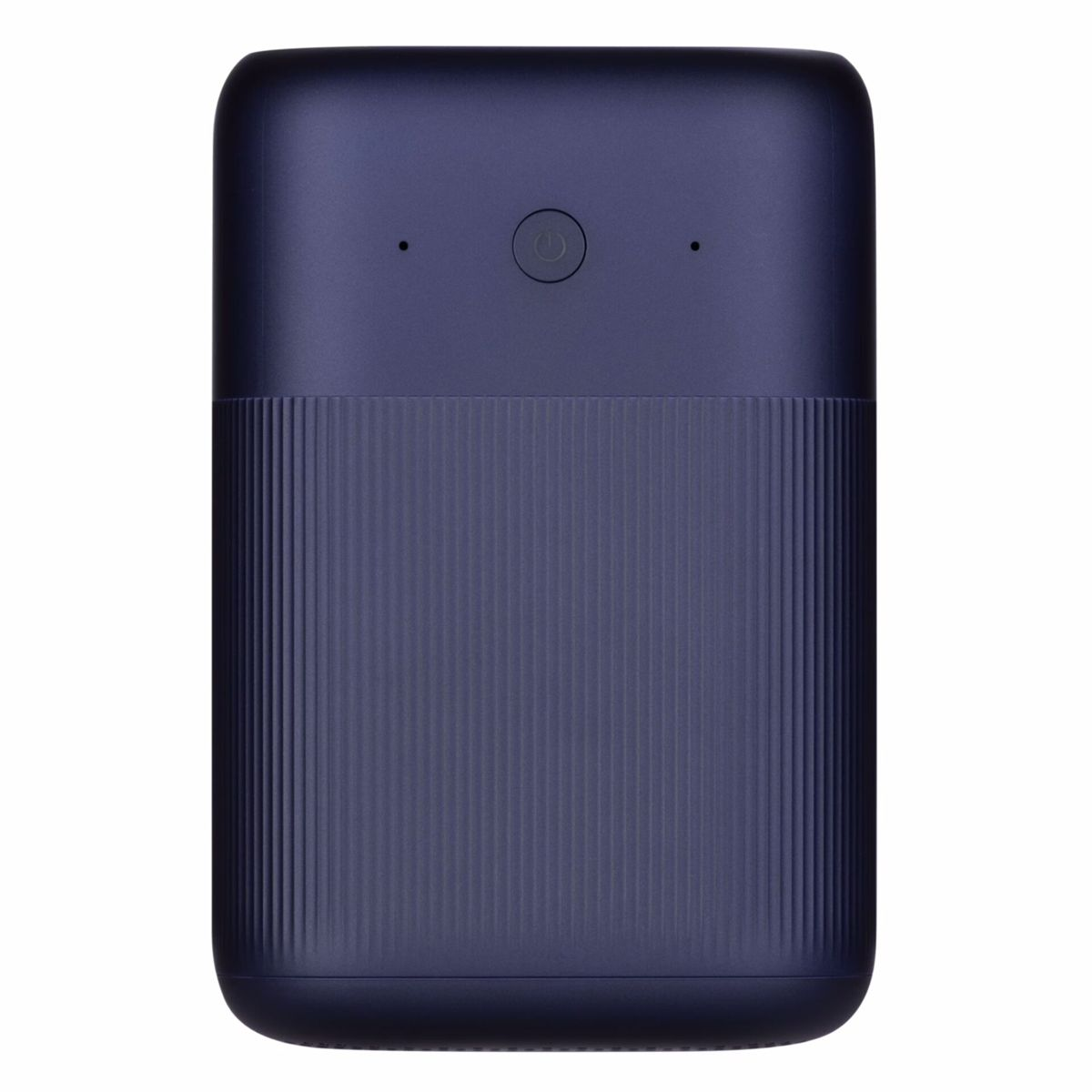 Niebieskie prostokątne urządzenie z przyciskiem zasilania i dwoma otworami na górze.