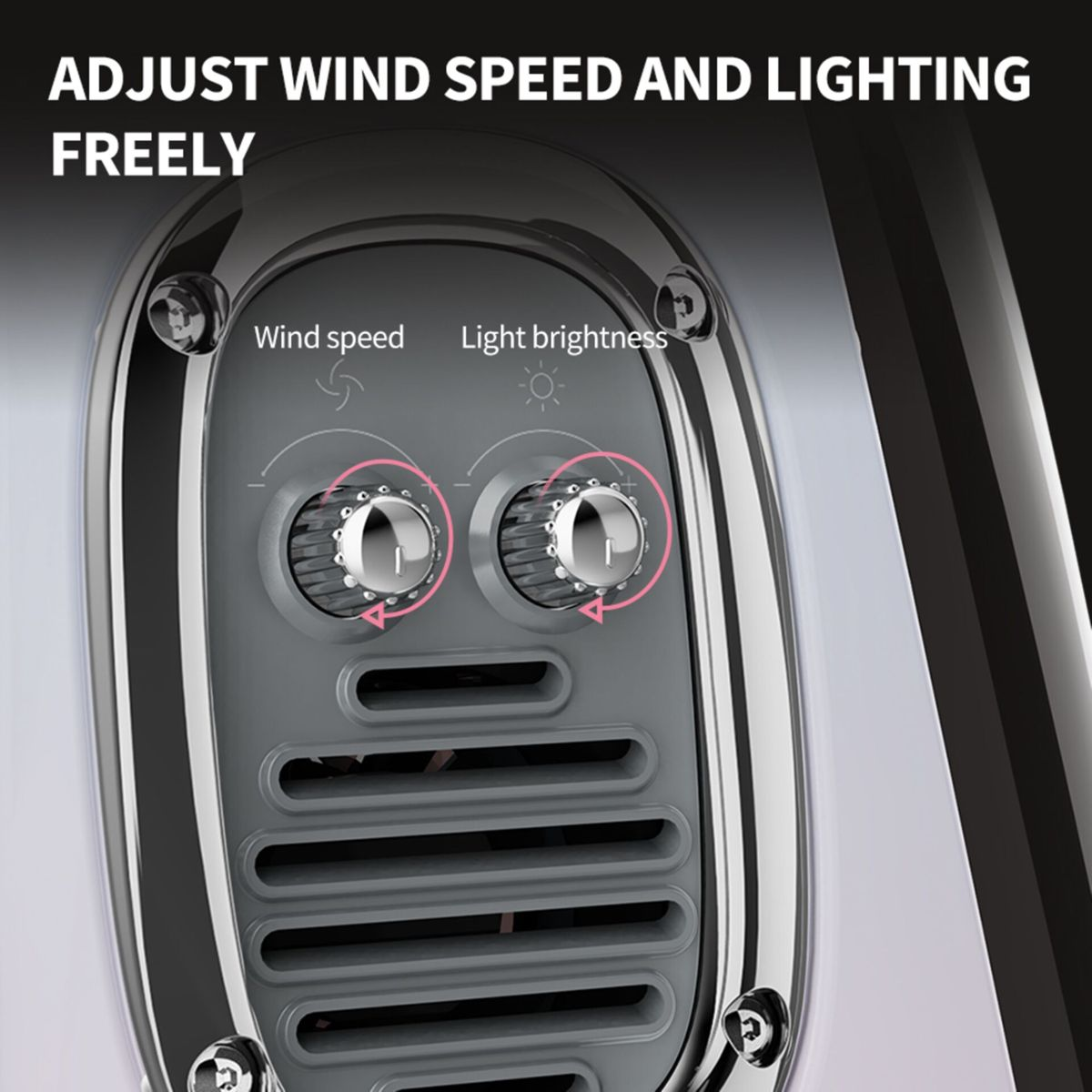 Zbliżenie panelu sterowania. Ma przyciski do regulacji prędkości wiatru i jasności światła. Tekst: PRĘDKOŚĆ WIATRU I OŚWIETLENIE.