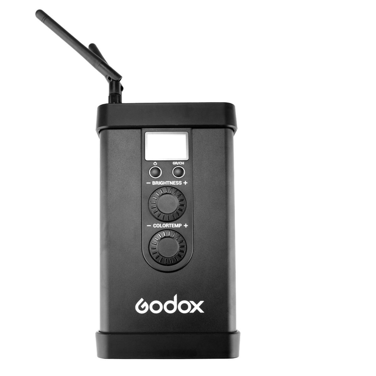 Un controller Godox nero con pulsanti per luminosità e temperatura colore, con un'antenna e un piccolo schermo.