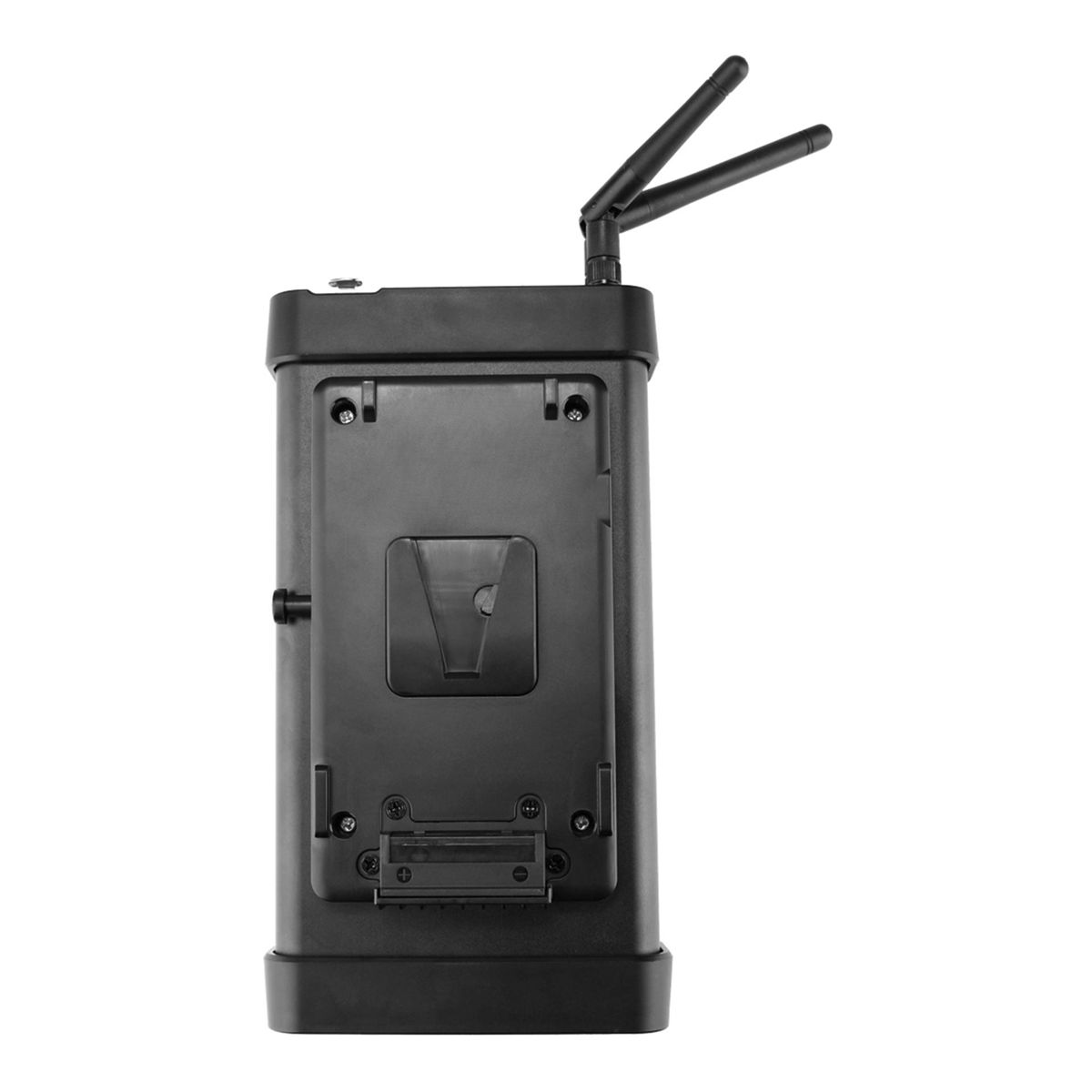 Un dispositivo nero con due antenne. Il retro ha un'incavatura quadrata. Il dispositivo ha un posto per una batteria.