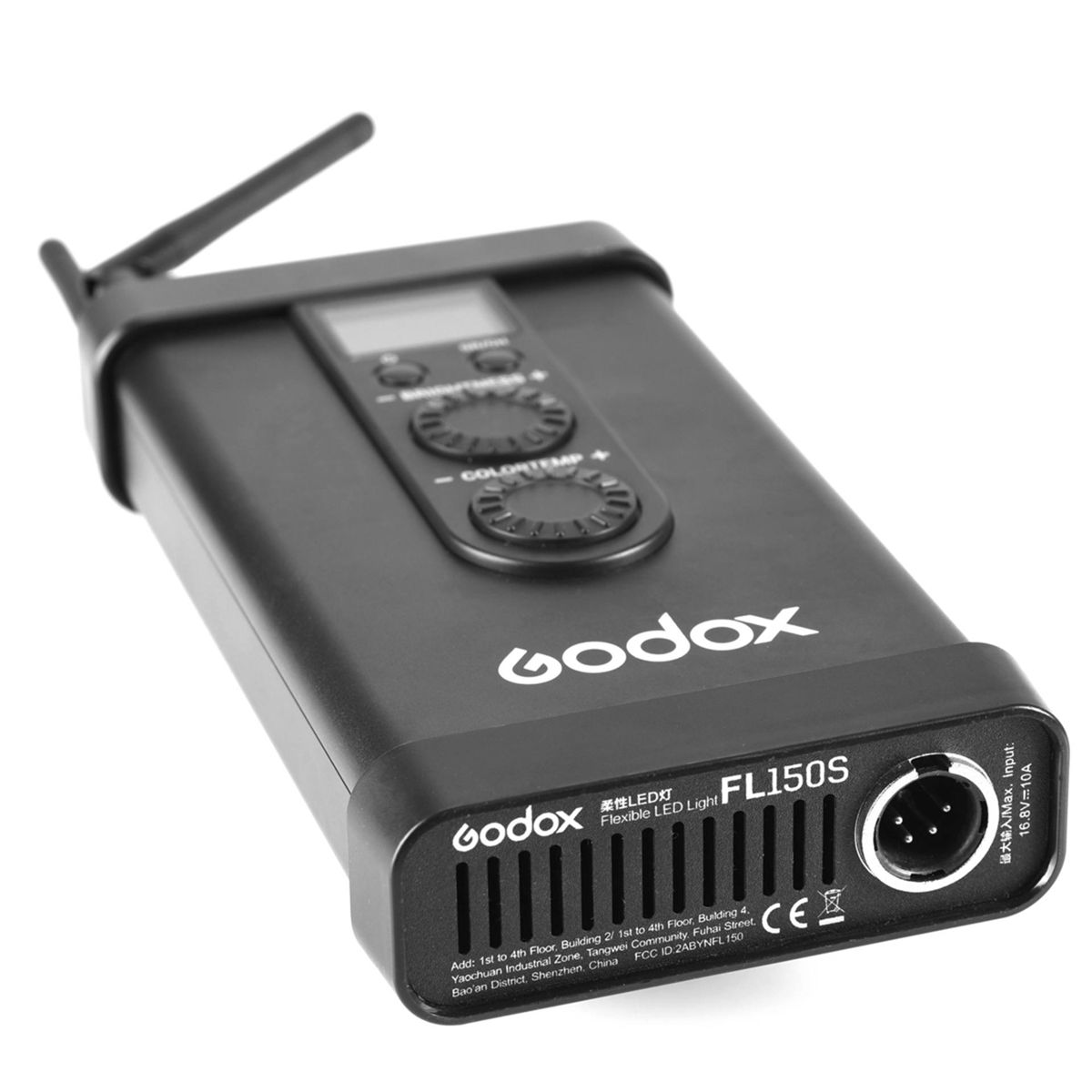 Luce LED Godox nera con controlli, testo e porte di connessione, vista angolata.