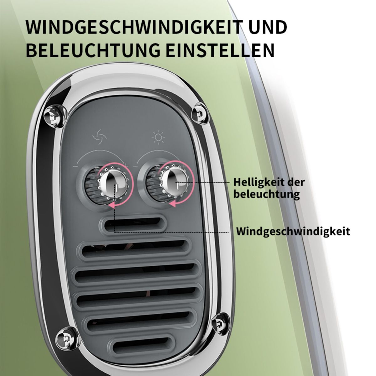 Maszyna z pokrętłami i etykietami w języku niemieckim. Kolor zielony i srebrny. Białe tło.