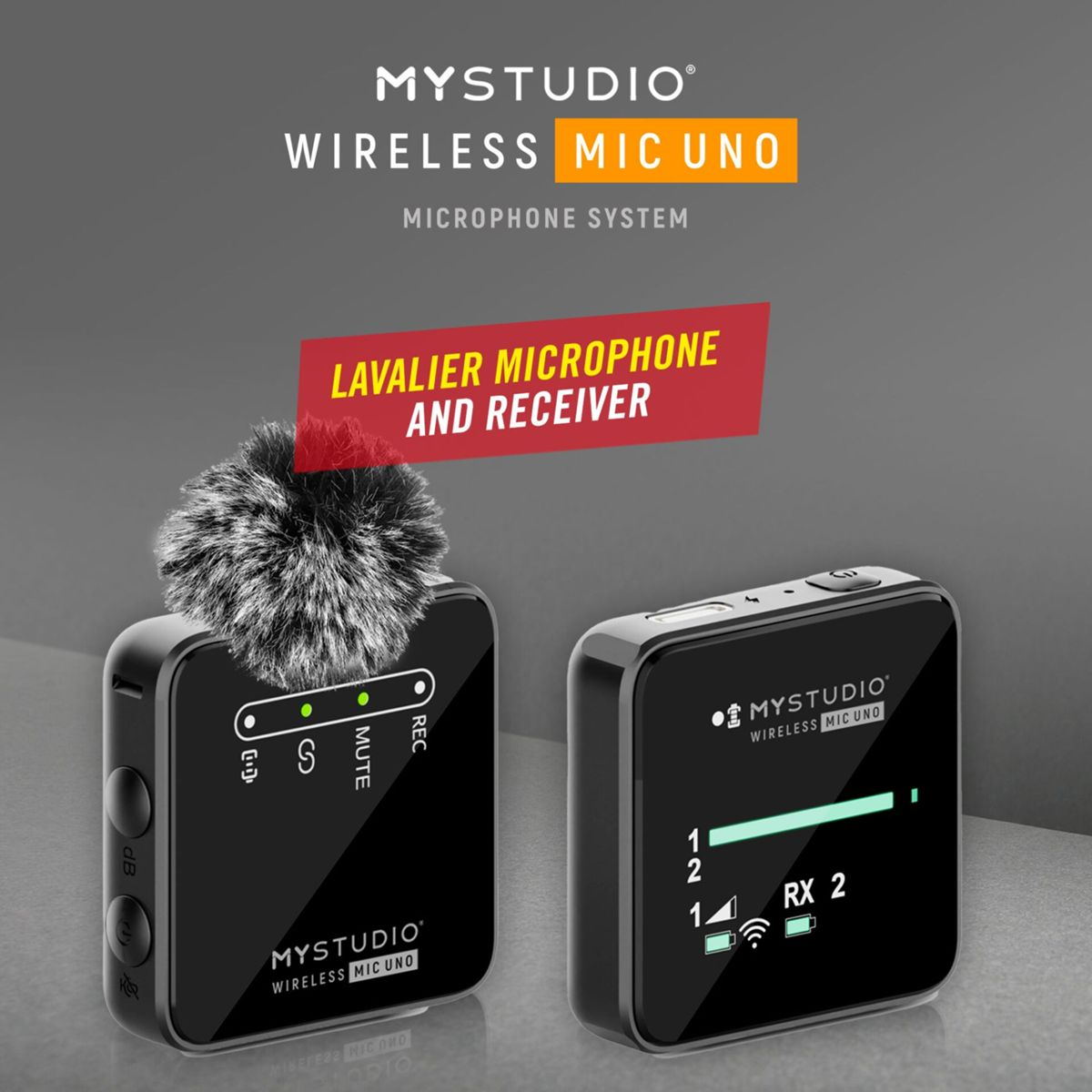 Zwei schwarze MYSTUDIO WIRELESS MIC UNO Mikrofone mit rotem Banner. Grauer und weißer Hintergrund.