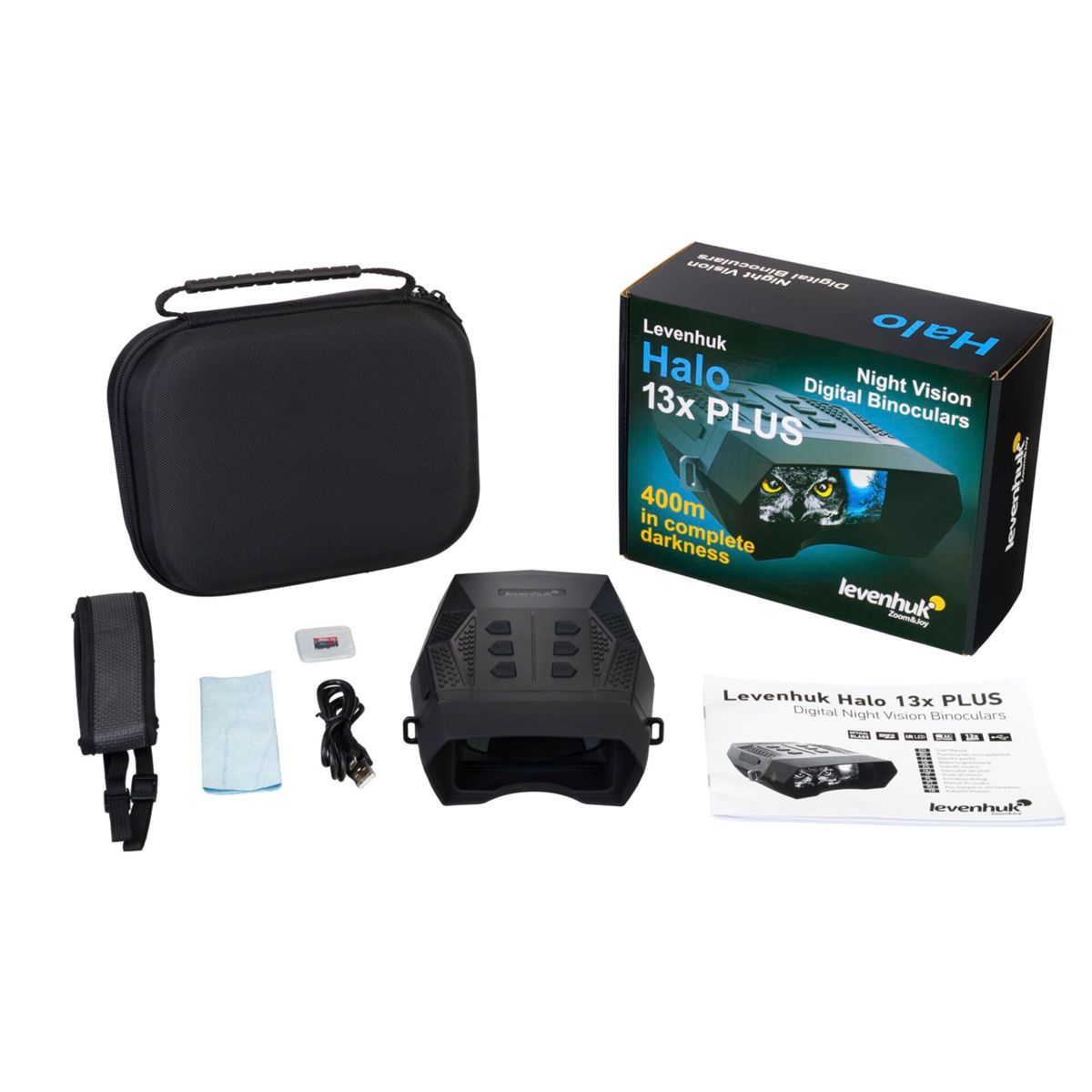 Ein Levenhuk Halo 13x PLUS Nachtsichtfernglas-Set mit Zubehör und Verpackung.