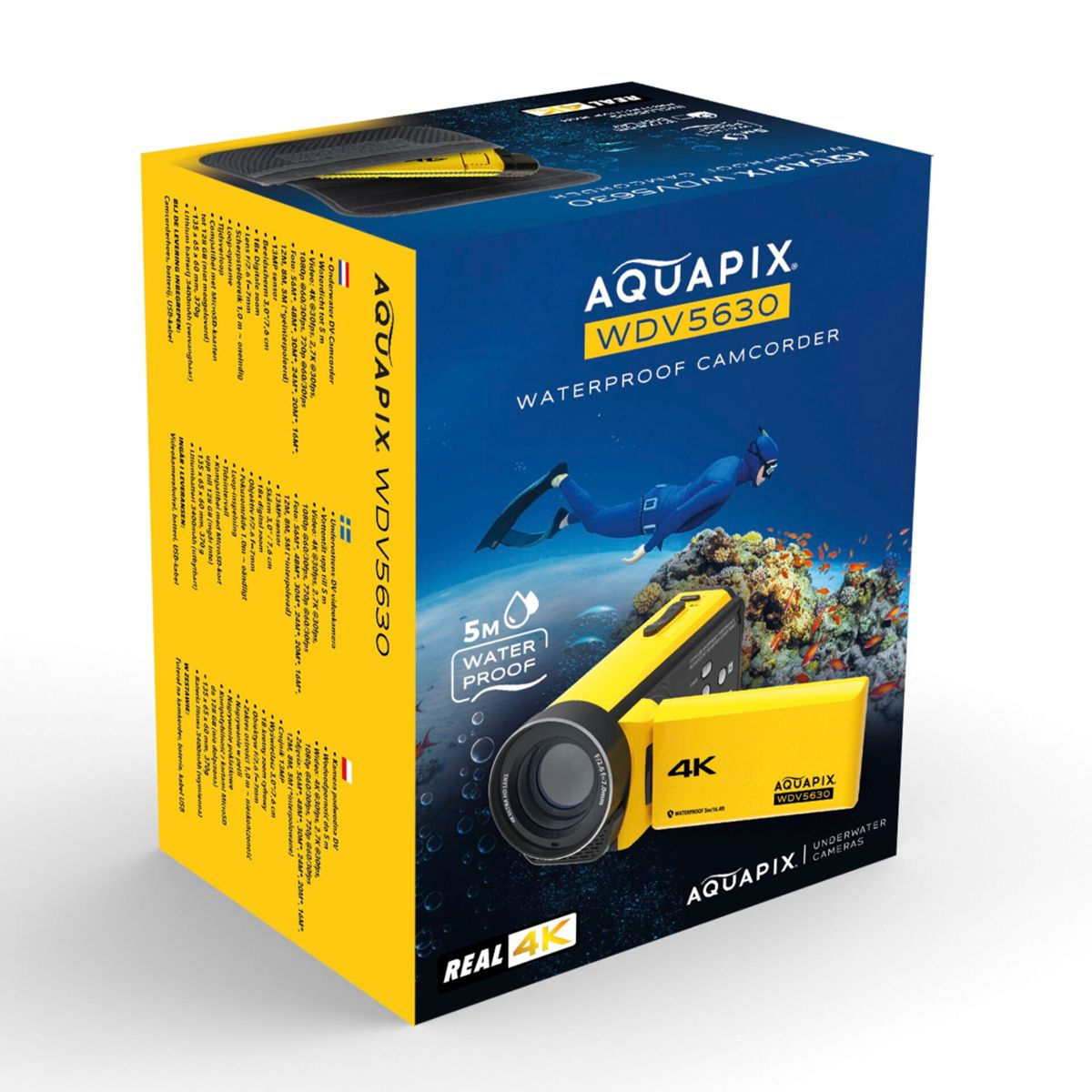 Żółte pudełko kamery wideo Aquapix WDV5630, z osobą nurkującą pod wodą.