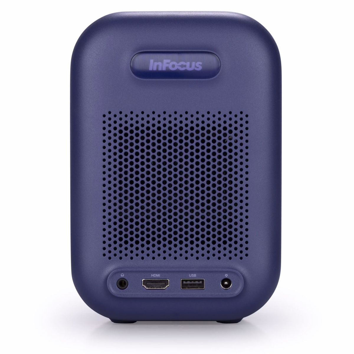 Niebieski projektor z zaokrąglonymi krawędziami i logo InFocus, z portami HDMI, USB.