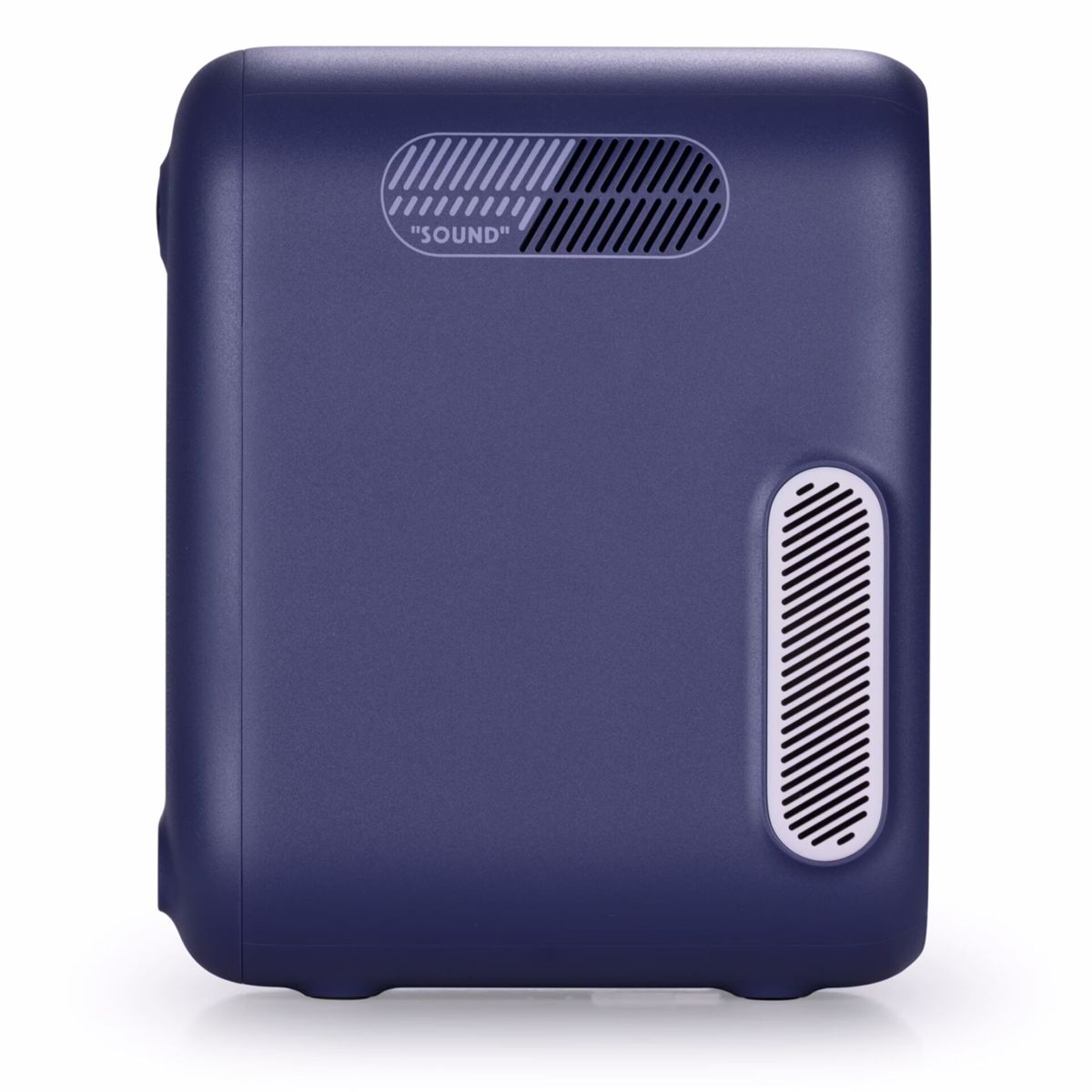 Granatowe urządzenie z głośnikiem i wentylacją z boku. Widnieje na nim napis "SOUND".