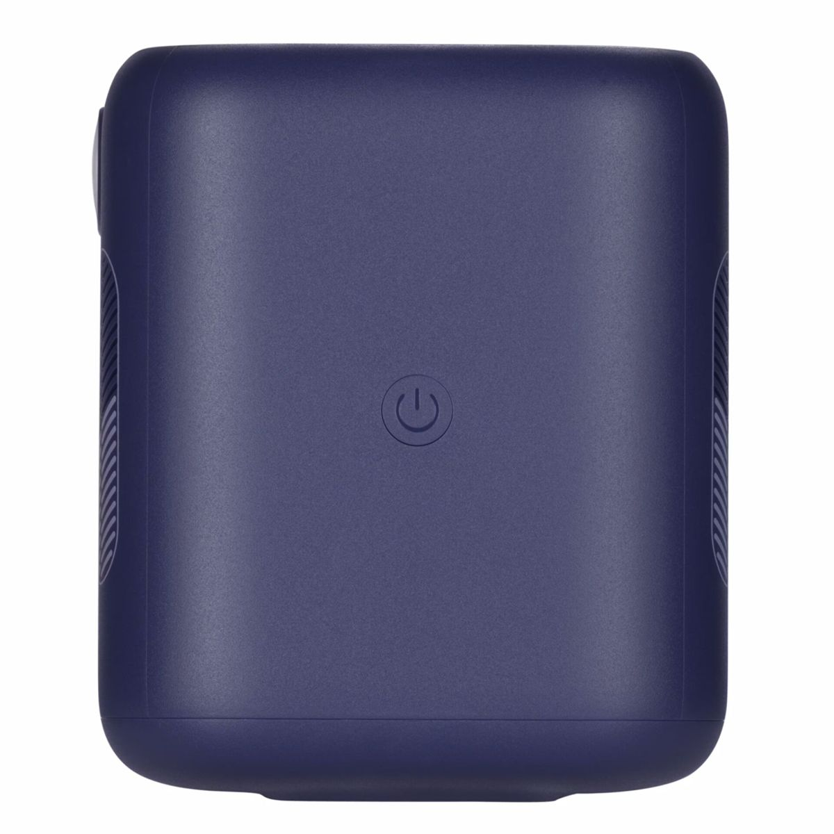 Ciemnoniebieskie, prostokątne urządzenie z przyciskiem zasilania pośrodku.