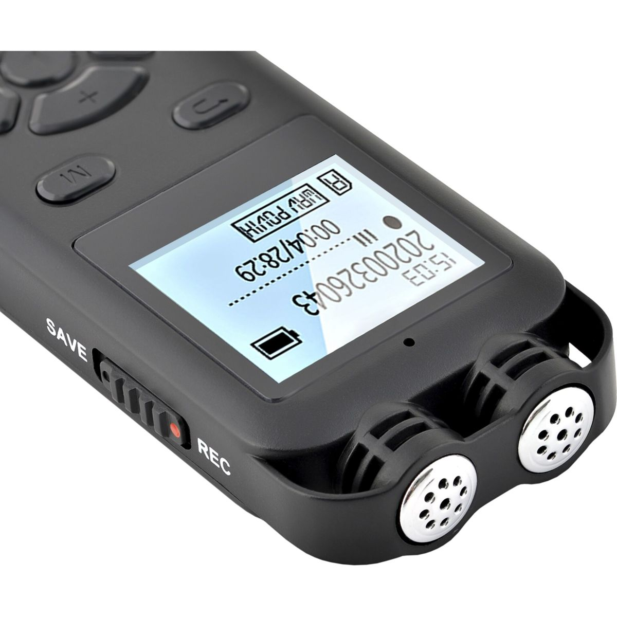 Primo piano del registratore audio nero, schermo che mostra l'ora e il livello della batteria. Rec e Save.