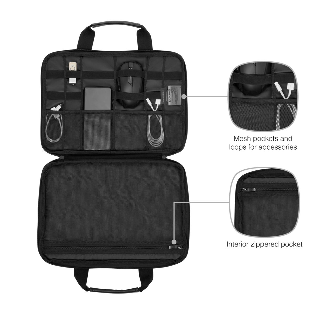Una borsa per laptop è aperta, mostrando tasche a rete e passanti per accessori e una tasca interna.