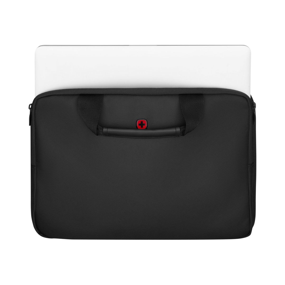 Borsa nera per laptop con laptop all'interno e maniglia, croce rossa al centro.