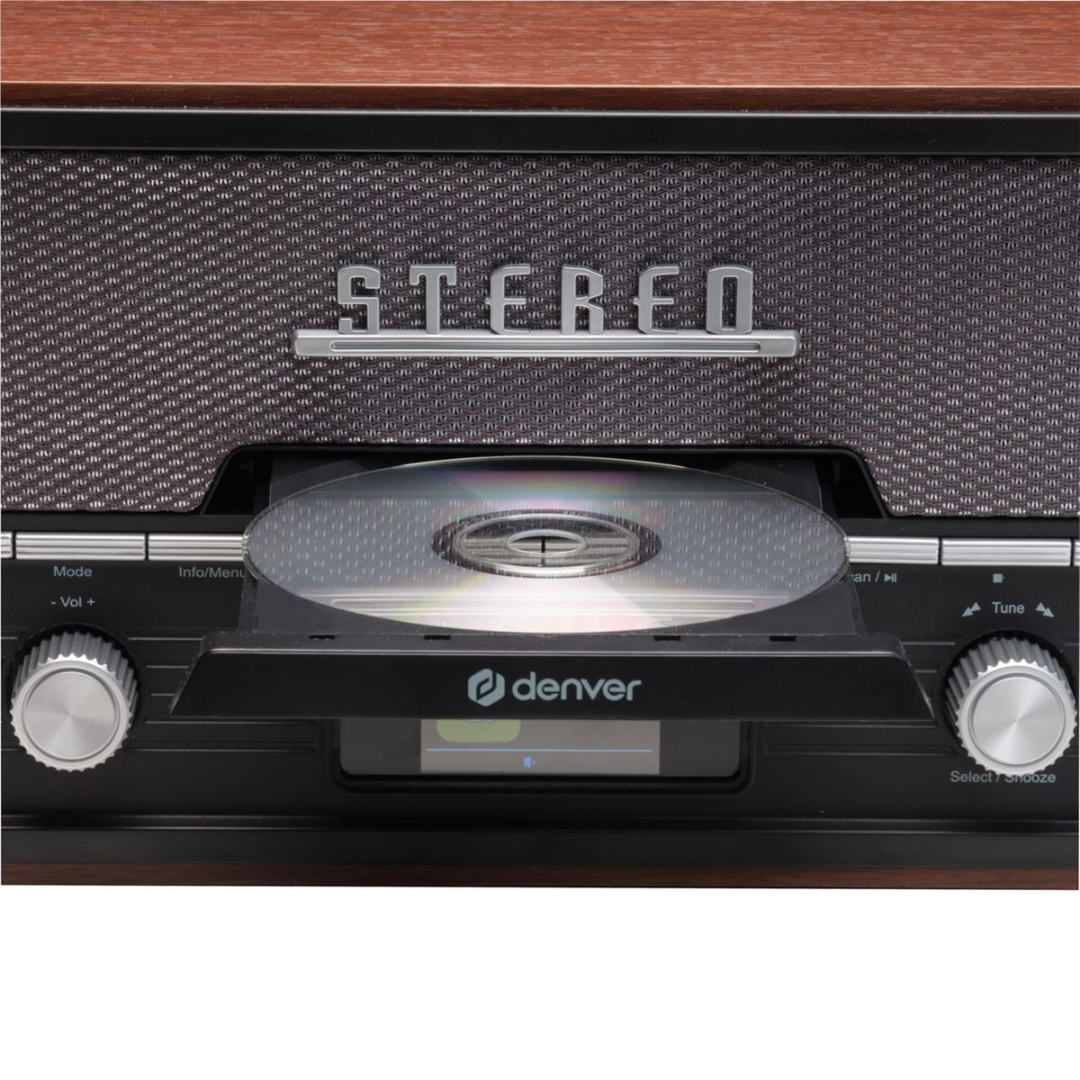 Stereo z płytą CD w tacy i tekstem 'STEREO' na górze.