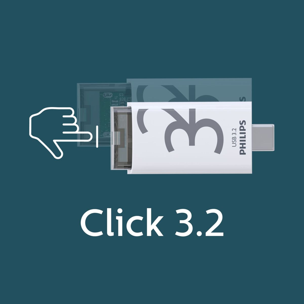 Ręka wskazuje na białą pamięć USB z napisem "Click 3.2" na turkusowym tle.
