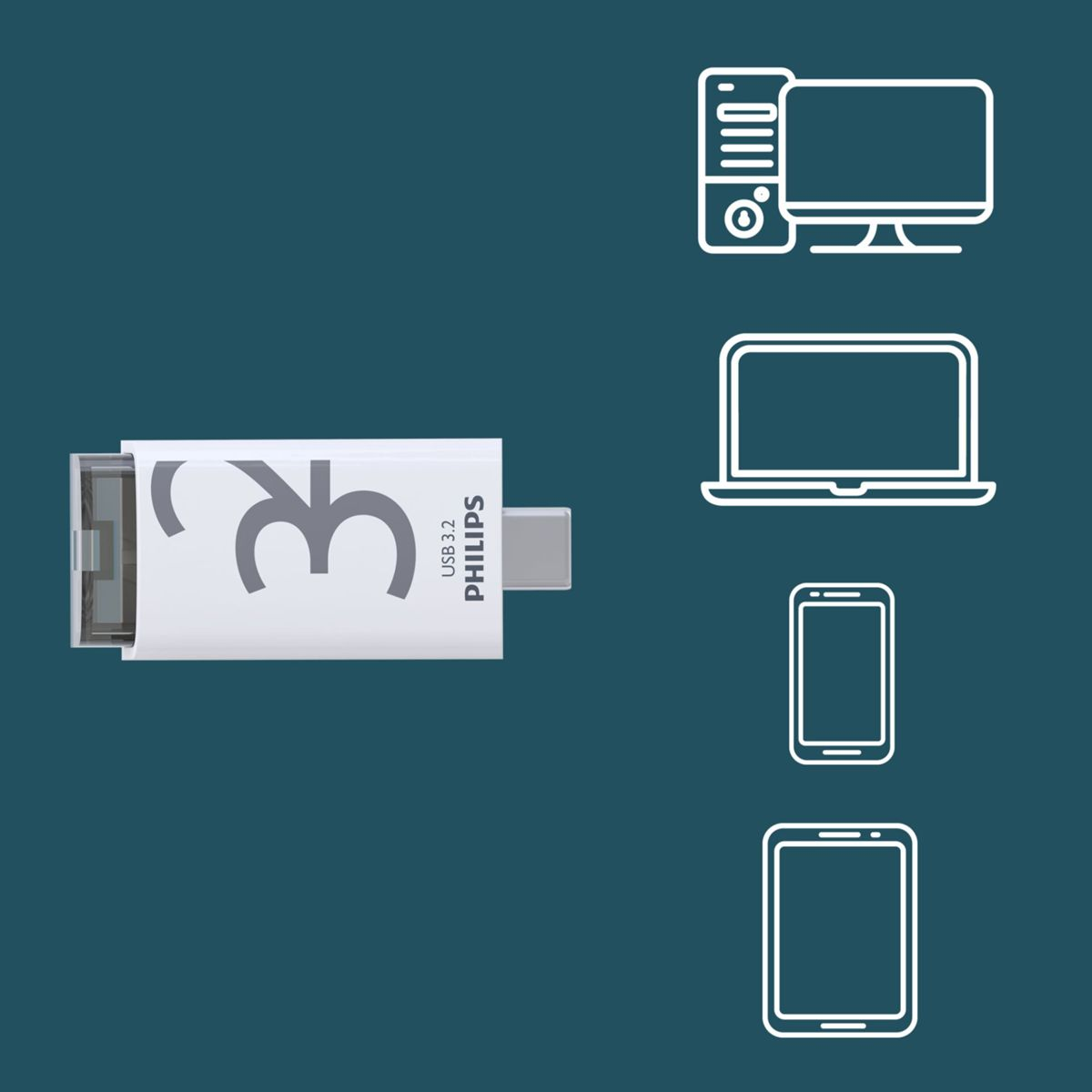 Biały pendrive z szarym tekstem i komputer z różnymi ikonami.