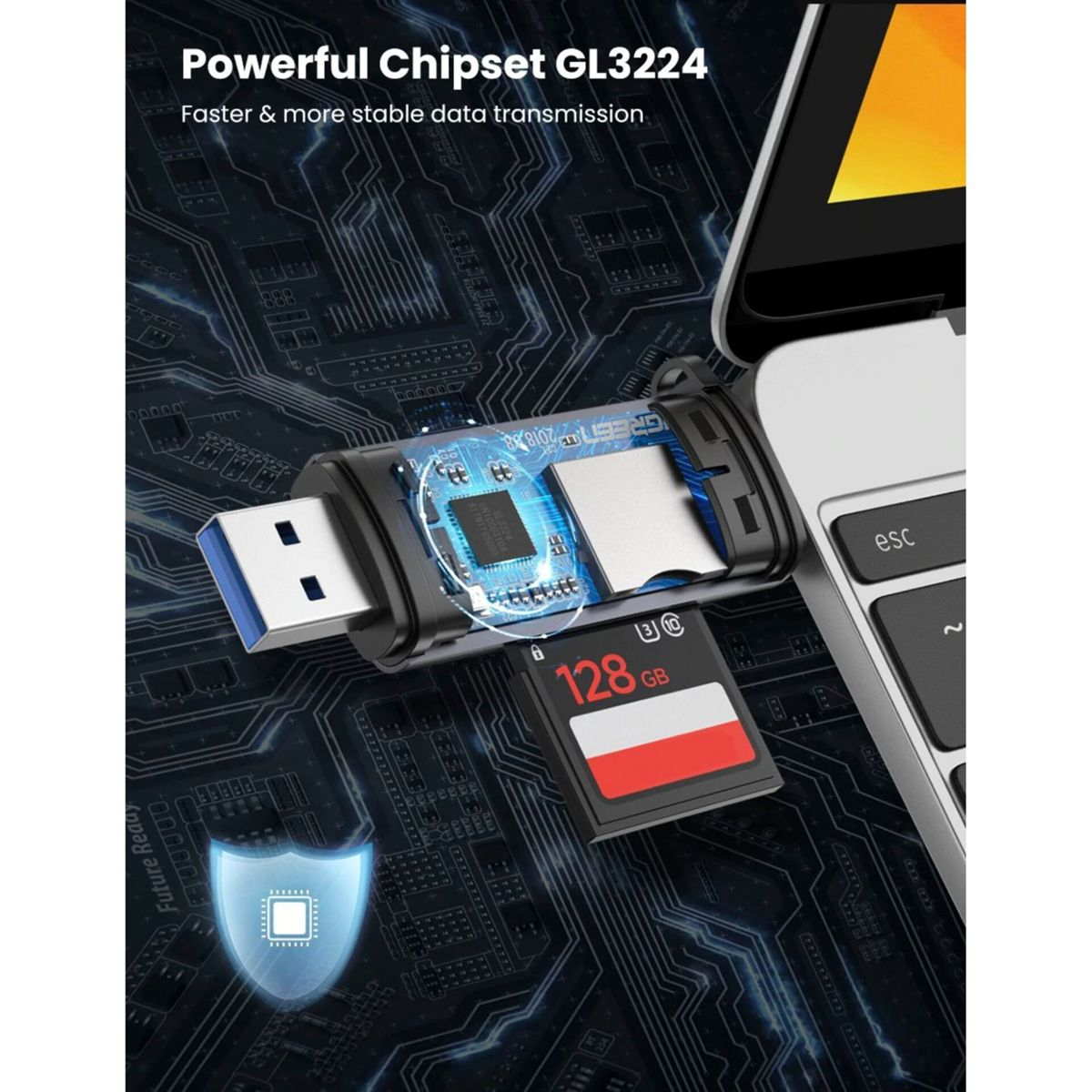 Pamięć USB podłączona do laptopa, pokazuje kartę SD i wewnętrzne komponenty urządzenia.