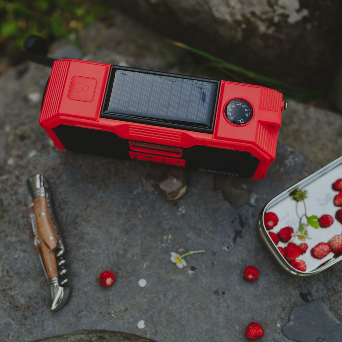 Czerwone radio z panelem słonecznym stoi na kamiennej powierzchni. W pobliżu dzikie truskawki i nóż.