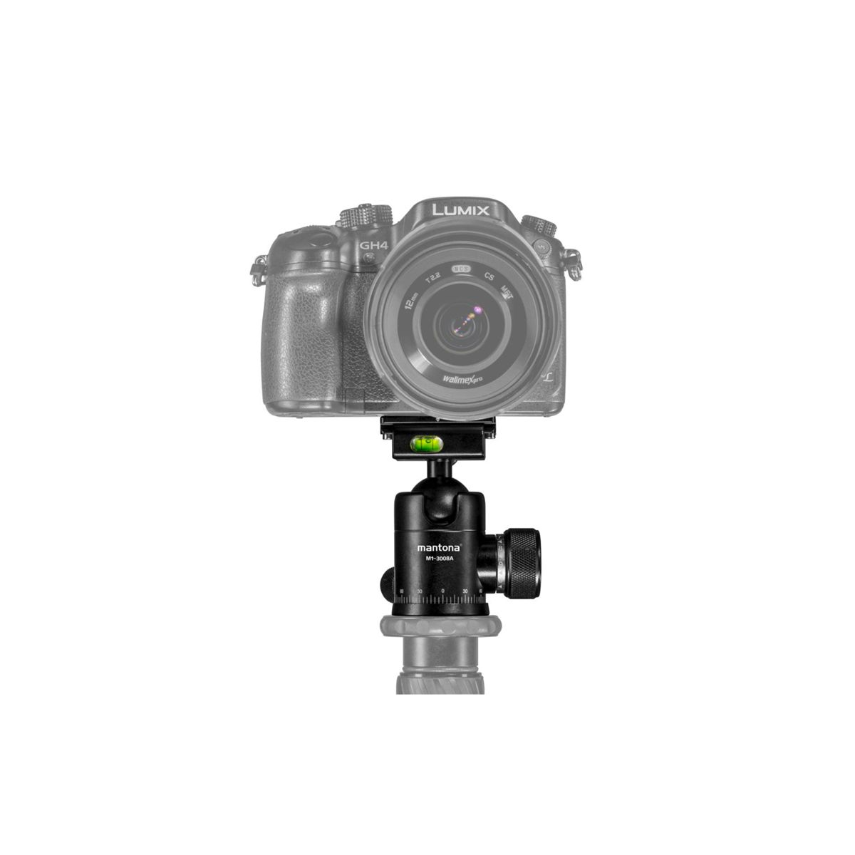 Una fotocamera montata su una testa di treppiede. Sfondo bianco.