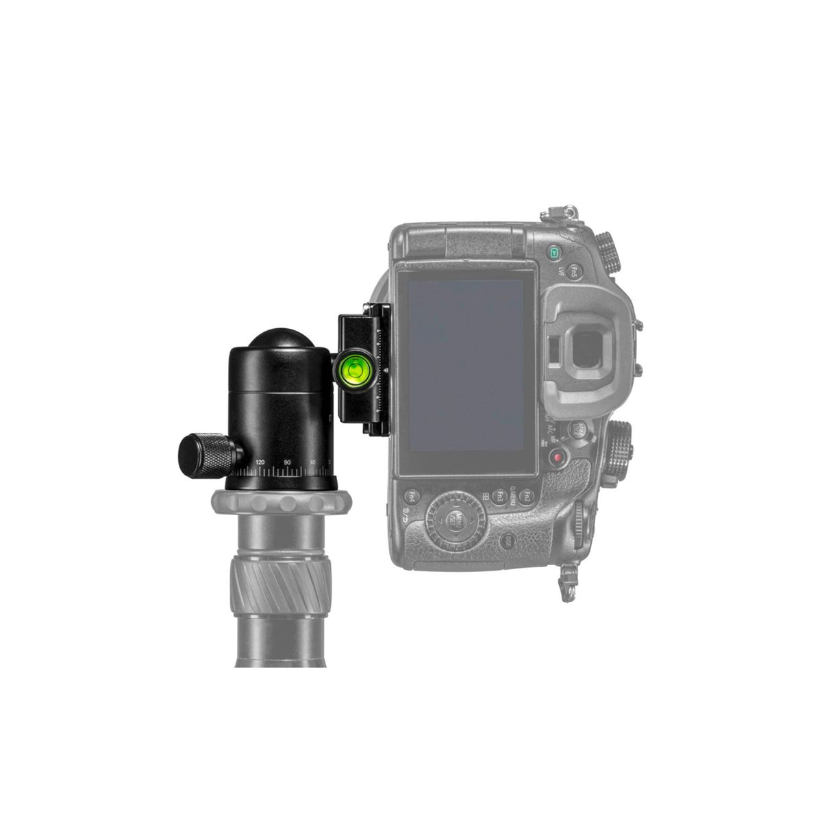 Fotocamera montata su una testa a treppiede. Una livella è visibile sul lato.