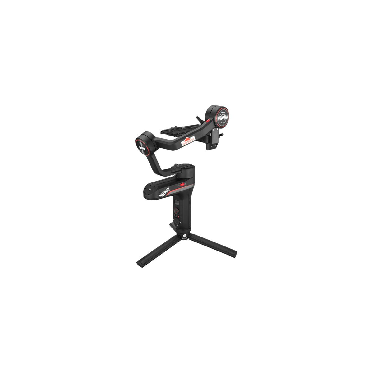 Schwarzer Gimbal-Stabilisator auf einem Stativ, einsatzbereit. Rote Akzente sind auf dem Gerät sichtbar.