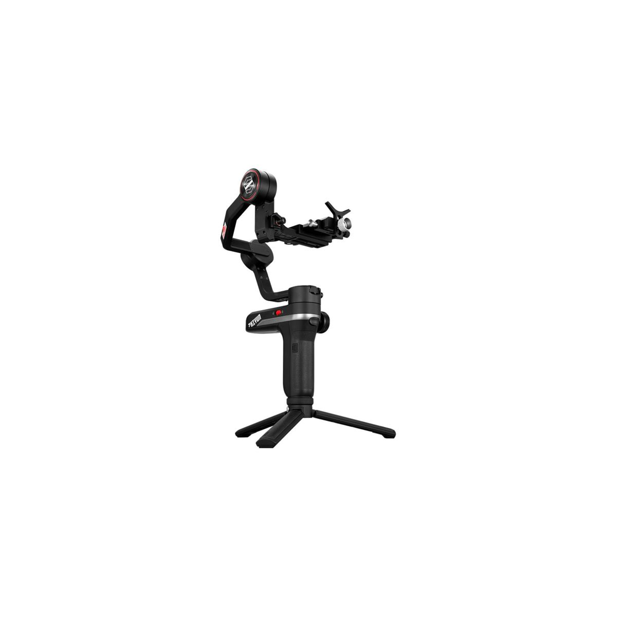 Ein schwarzes Stativ mit Gimbal-Kopf. Weißer Hintergrund.