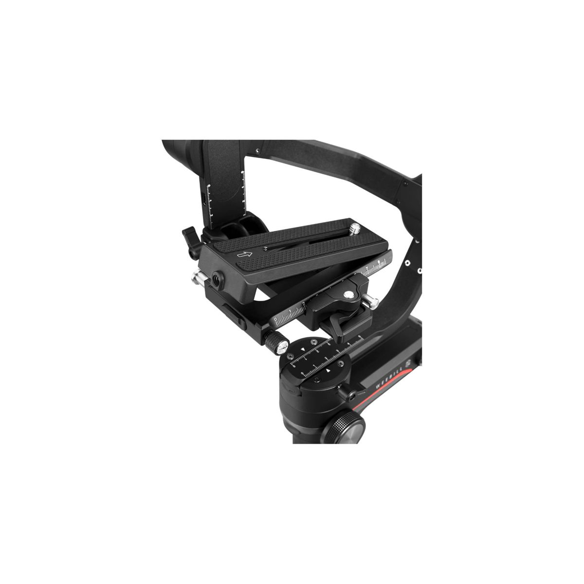 Nahaufnahme der schwarzen Gimbal-Stabilisatorkomponenten. Merkmale umfassen Montageplatte und Einstellräder.