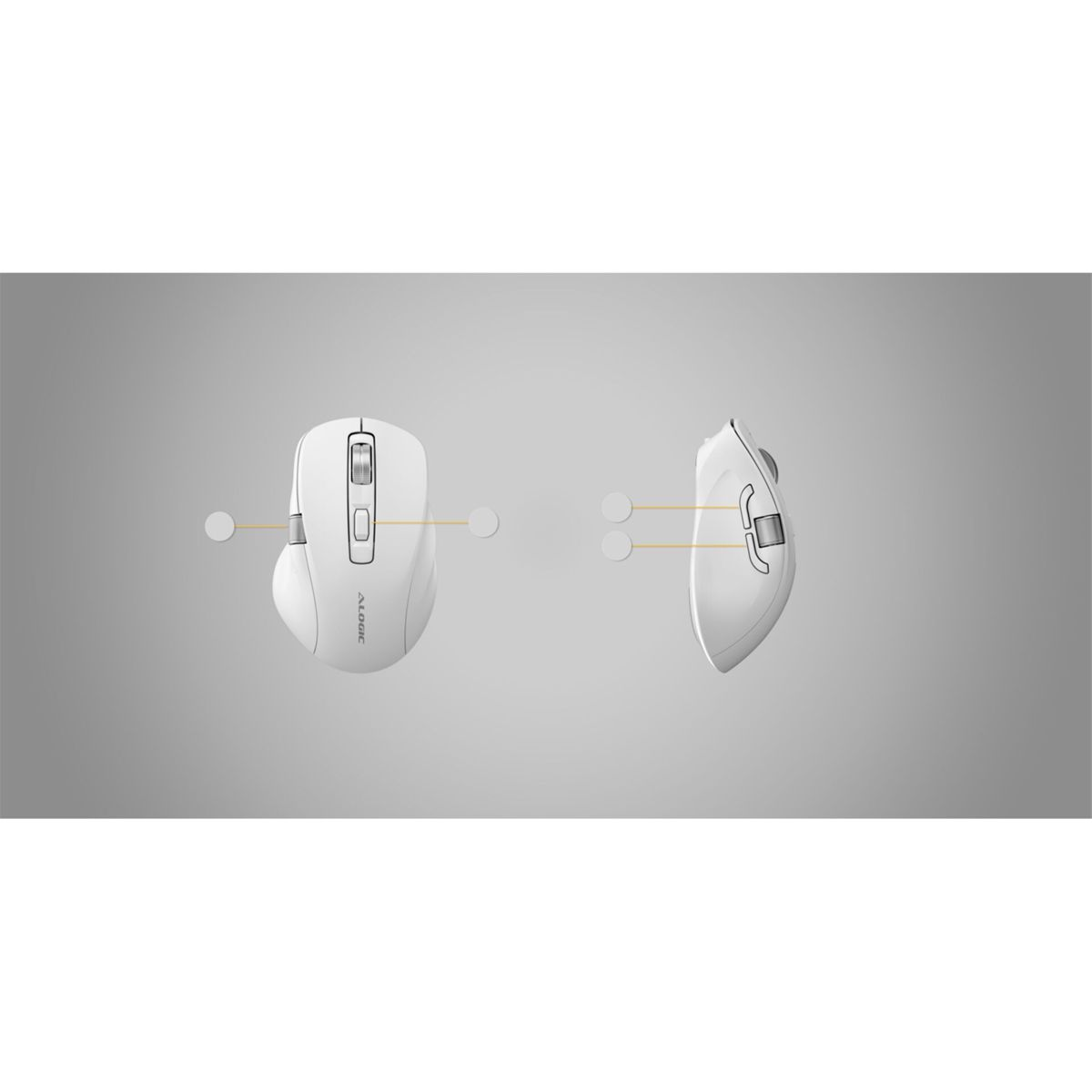 Weiße Computermaus, von oben und der Seite betrachtet, schwebend. Minimalistisches Design mit sichtbaren Seitentasten.