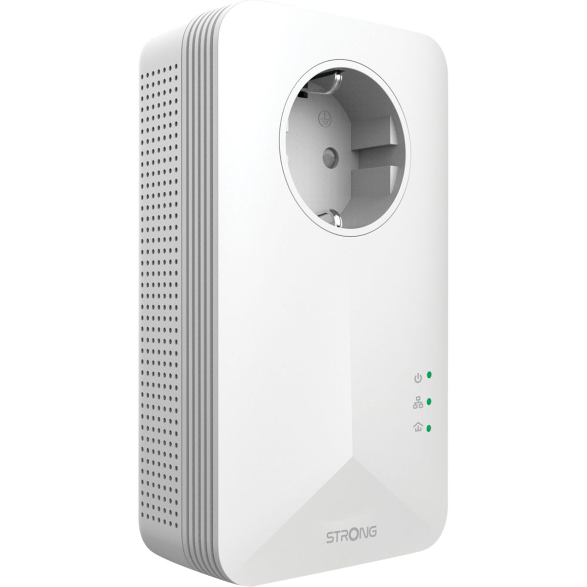 Adaptador de línea eléctrica blanco con enchufe, indicadores de estado de energía y red.