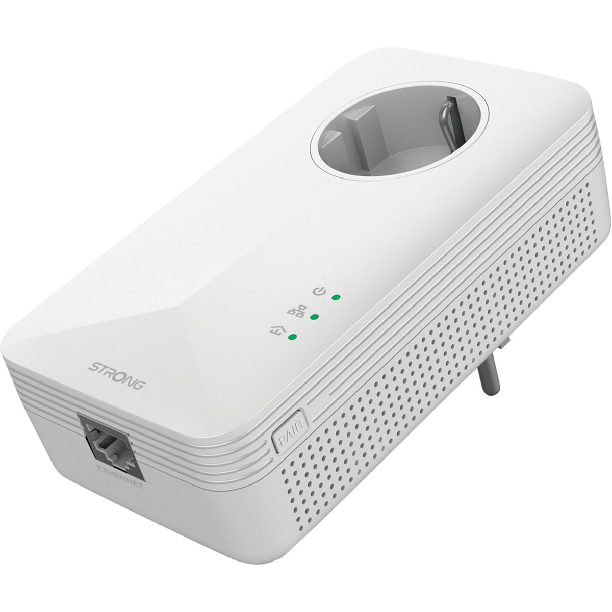 Adaptador de línea eléctrica blanco con puerto ethernet. Tiene un enchufe y un botón 'PAIR'. La marca 'STRONG' es visible.