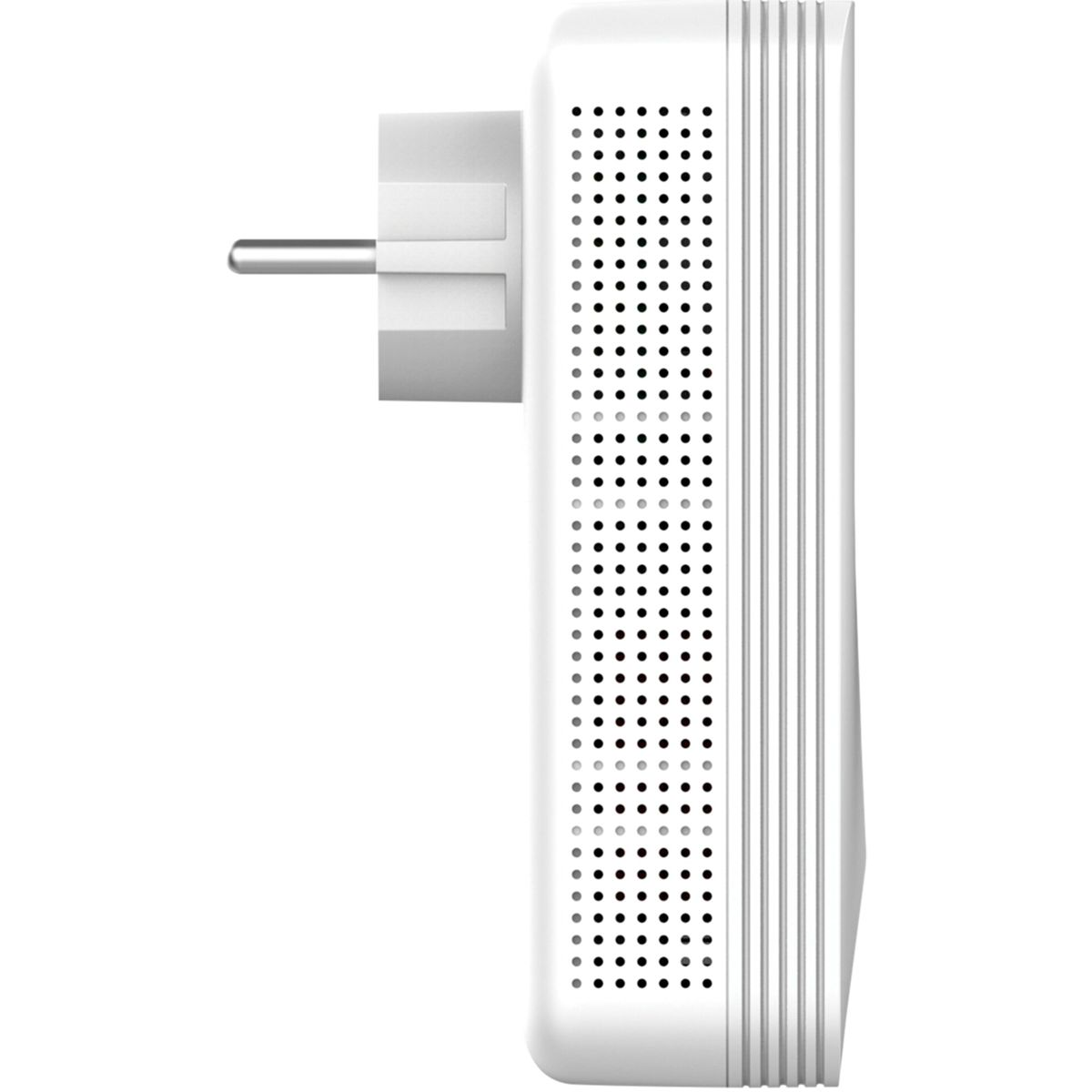 Adaptador de línea eléctrica blanco. Tiene un enchufe y un lado perforado para ventilación. El fondo es blanco brillante.