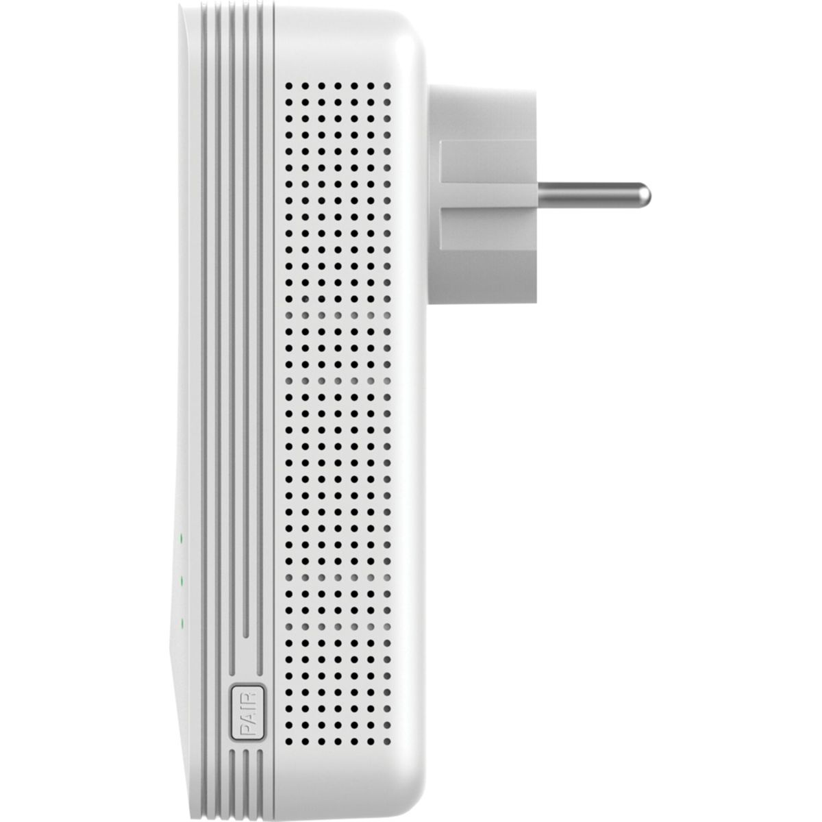 Un adaptador de corriente blanco con enchufe. Tiene muchos agujeros.
