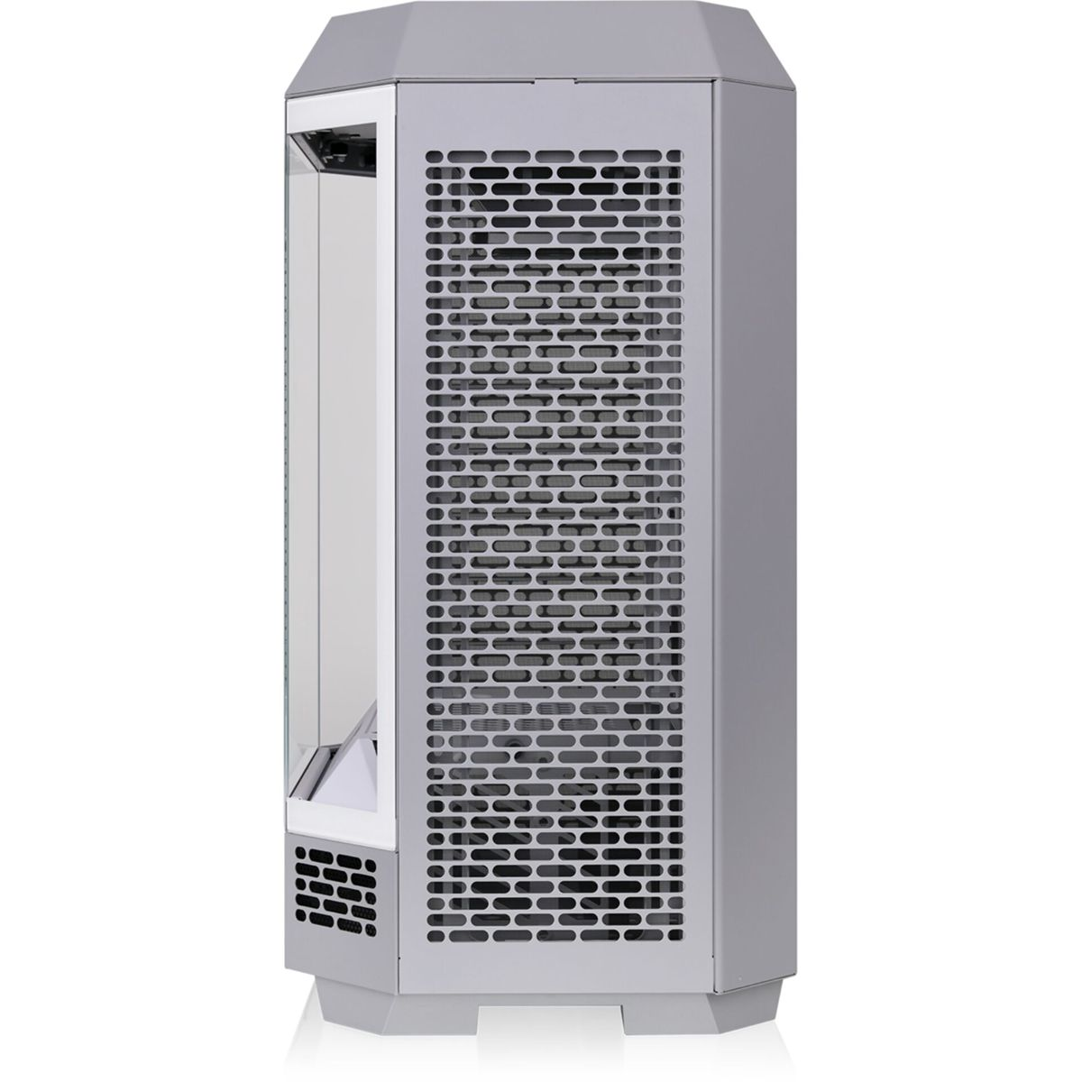 Un case per computer grigio con pannello laterale a rete e frontale in vetro. Su sfondo bianco.