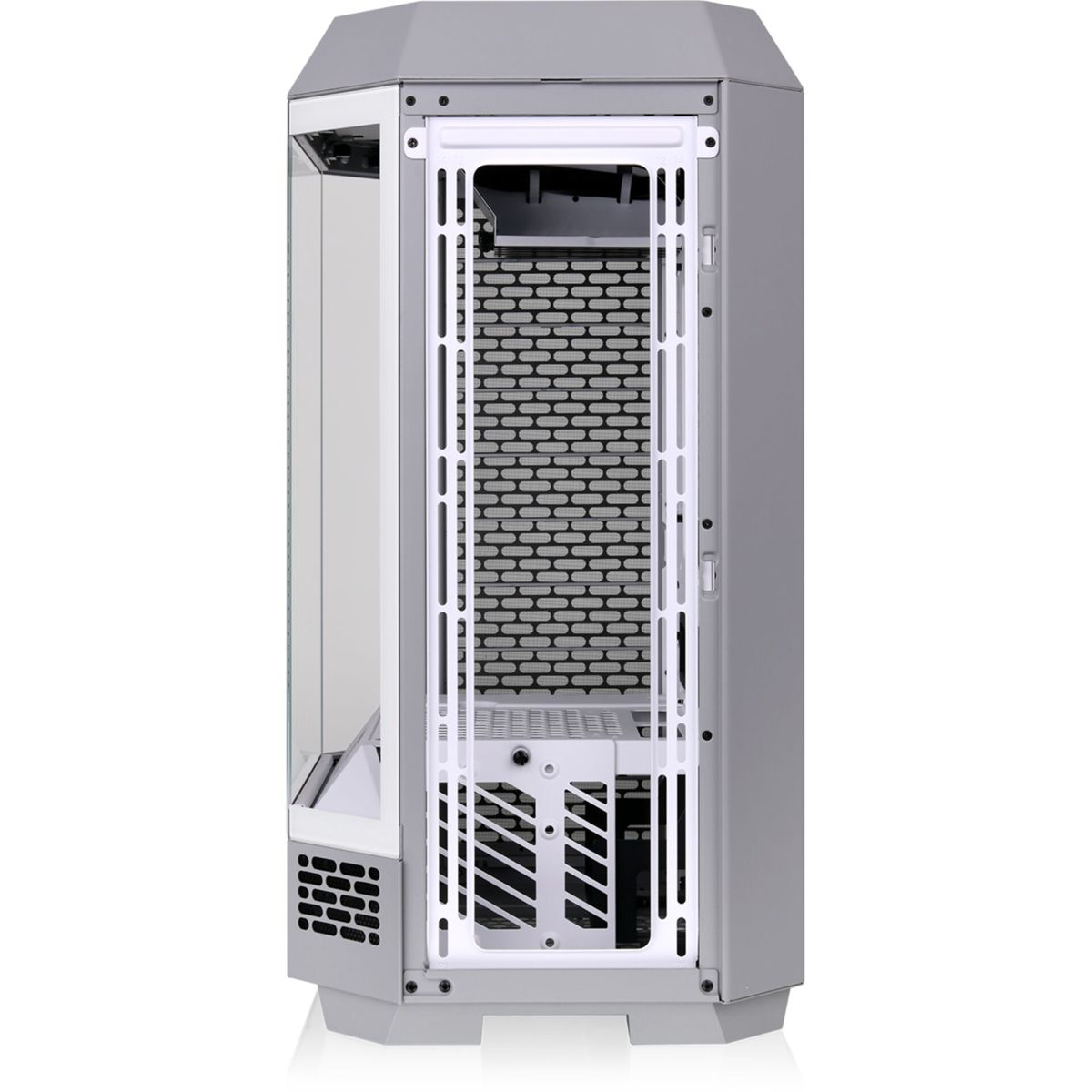 Un case per computer grigio con pannello a rete e frontale in vetro. Su sfondo bianco.