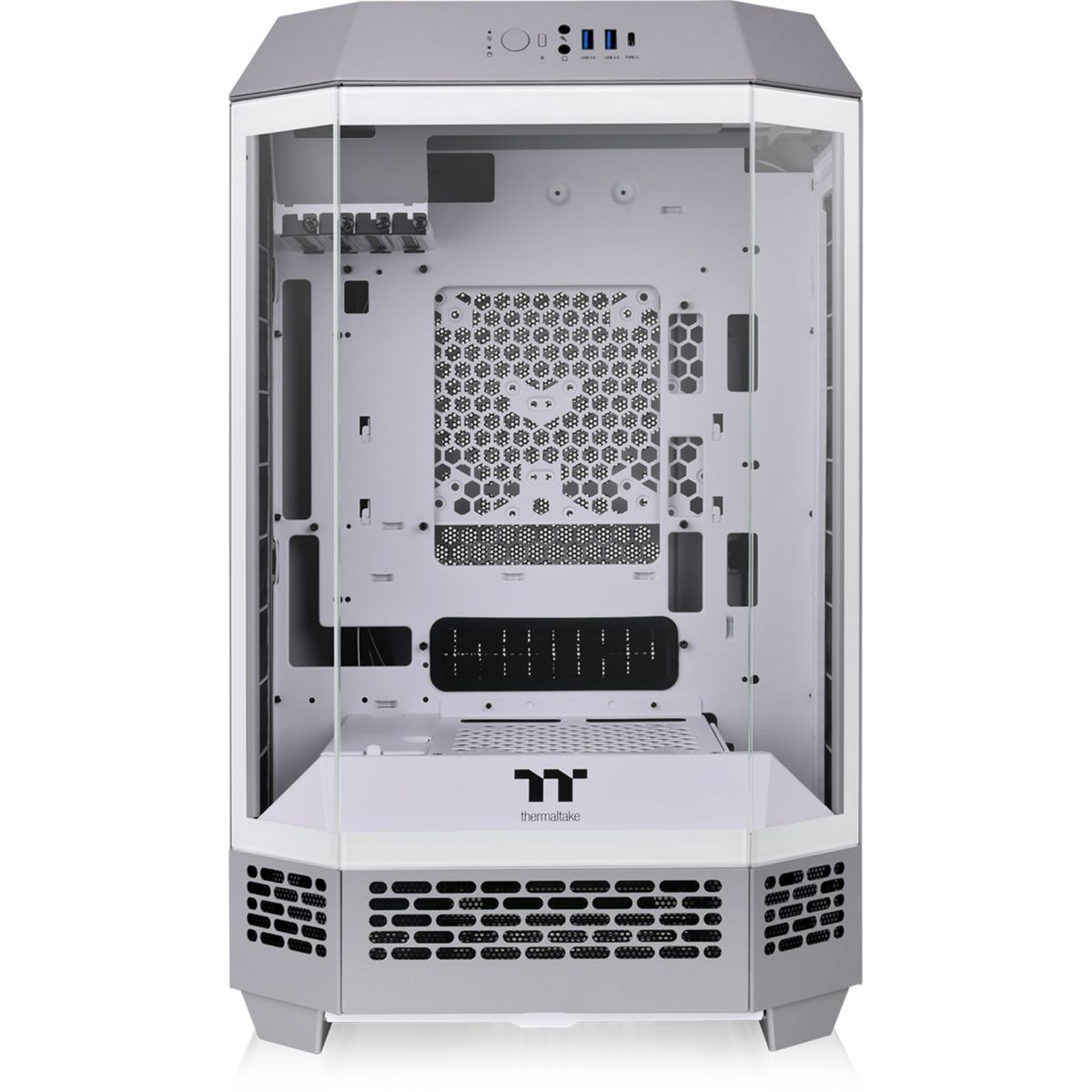 Un case per computer bianco con pannello frontale in vetro e motivo a nido d'ape. Sfondo bianco.