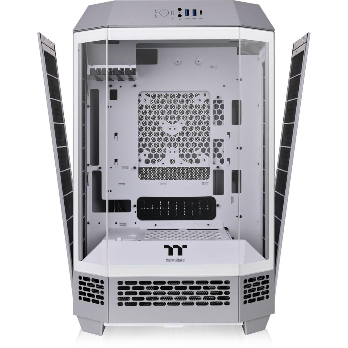 Un case per computer con una porta laterale in vetro aperta. Ha un interno bianco.