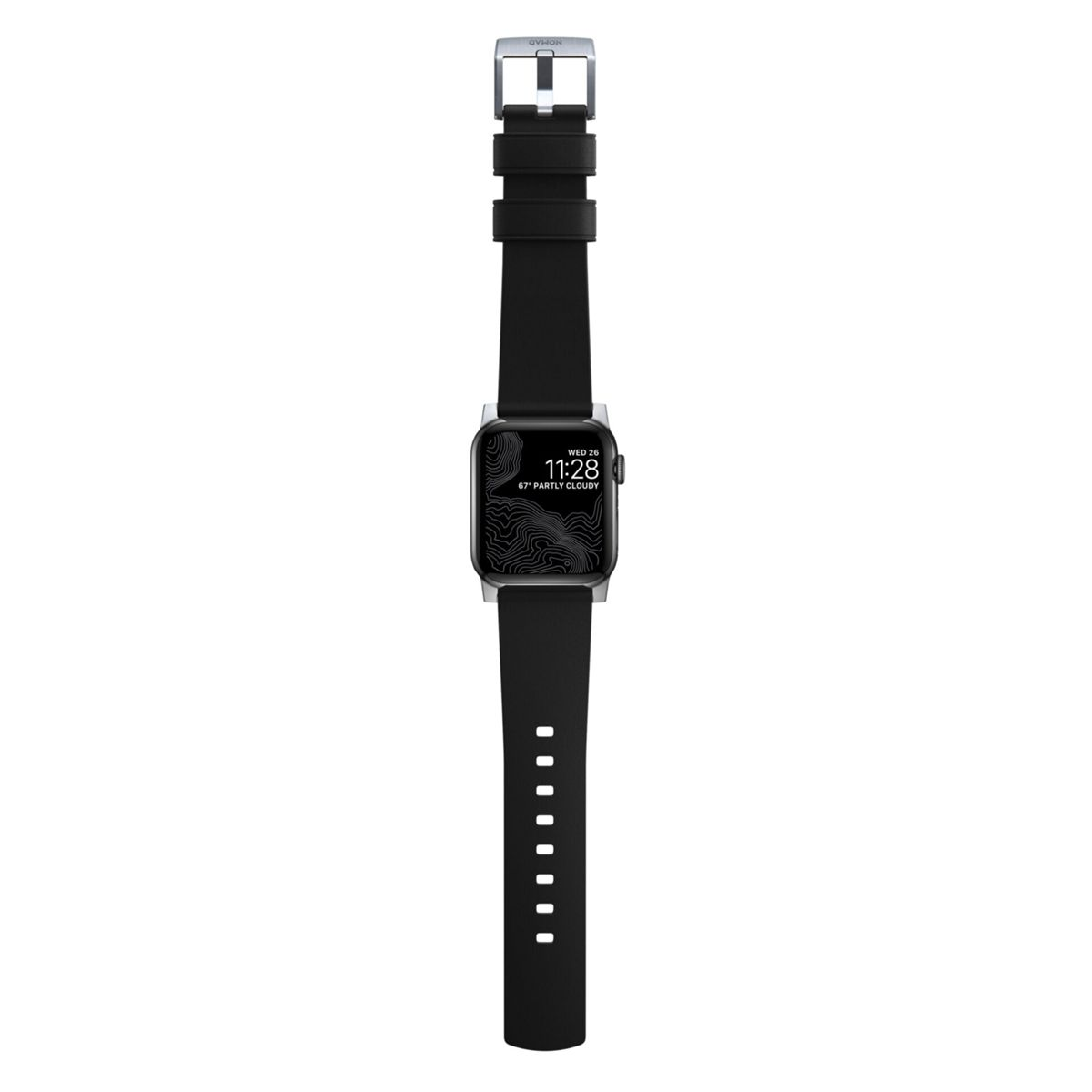 Eine schwarze Apple Watch mit schwarzem Armband. Die Uhr zeigt Zeit und eine Karte. Auf weißem Hintergrund.