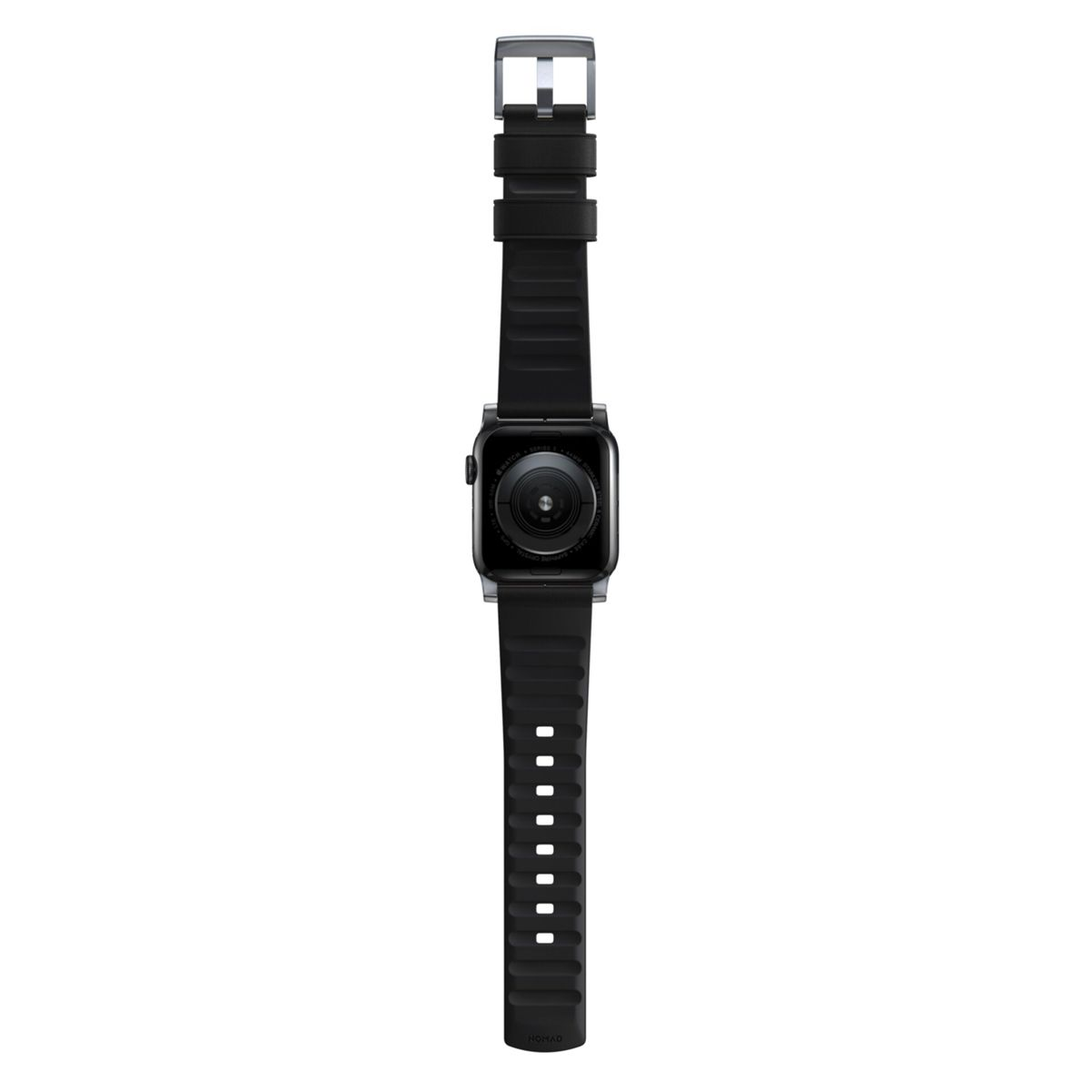 Eine schwarze Apple Watch mit schwarzem Armband auf weißem Hintergrund. Die Rückseite der Uhr ist sichtbar.