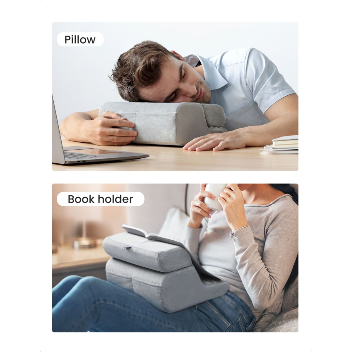 Dwa zdjęcia: mężczyzna używający poduszki i kobieta używająca podpórki do książek. Oboje na szarej, kątowej poduszce.
