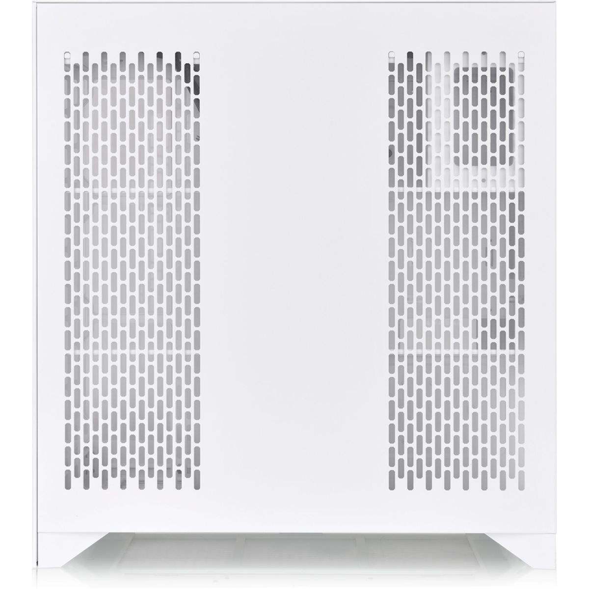 Pannello frontale bianco di un case per computer con due rettangoli verticali forati per il flusso d'aria e una superficie bianca.