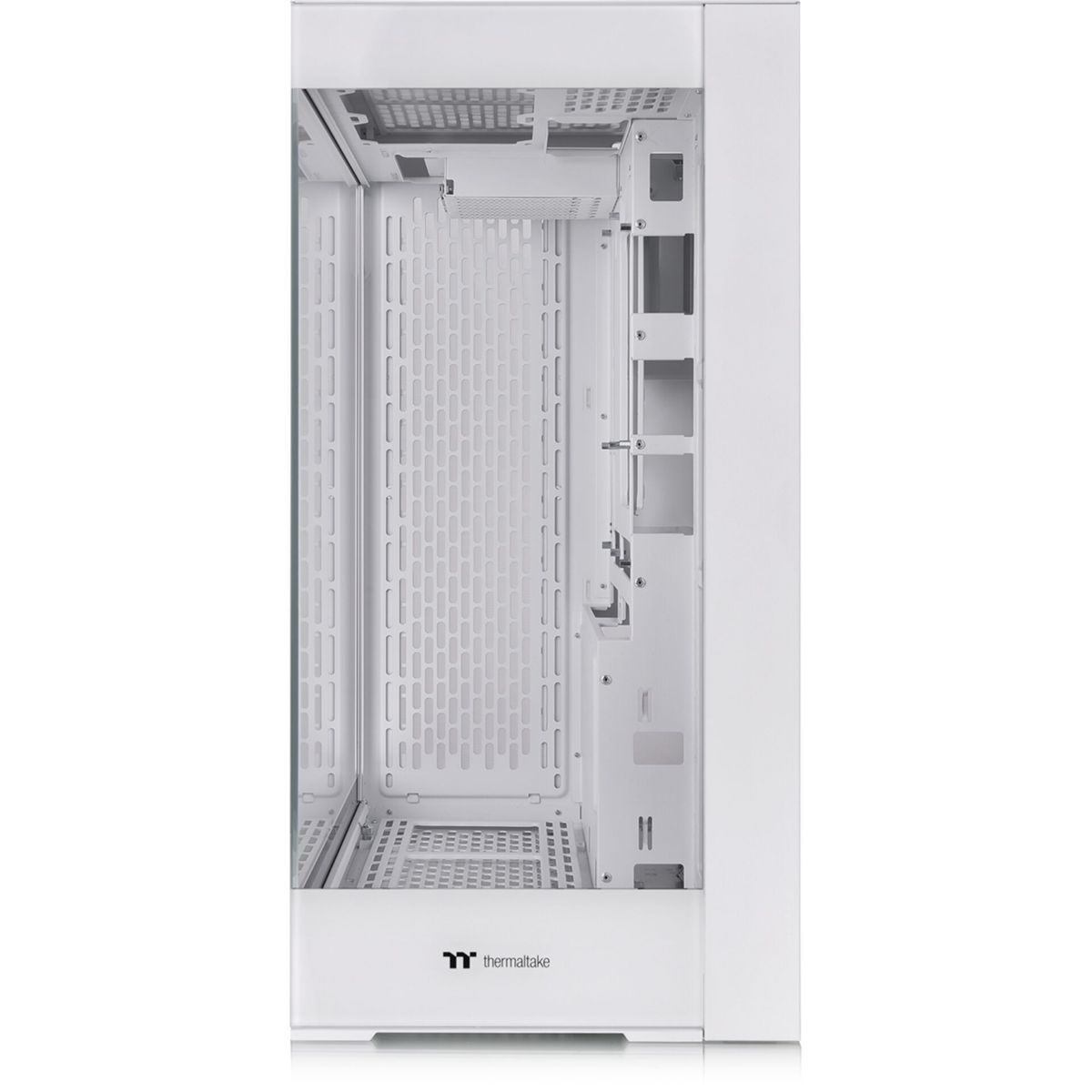 Un case per computer bianco è mostrato aperto. Un pannello di vetro è sul lato sinistro. Il case è vuoto.